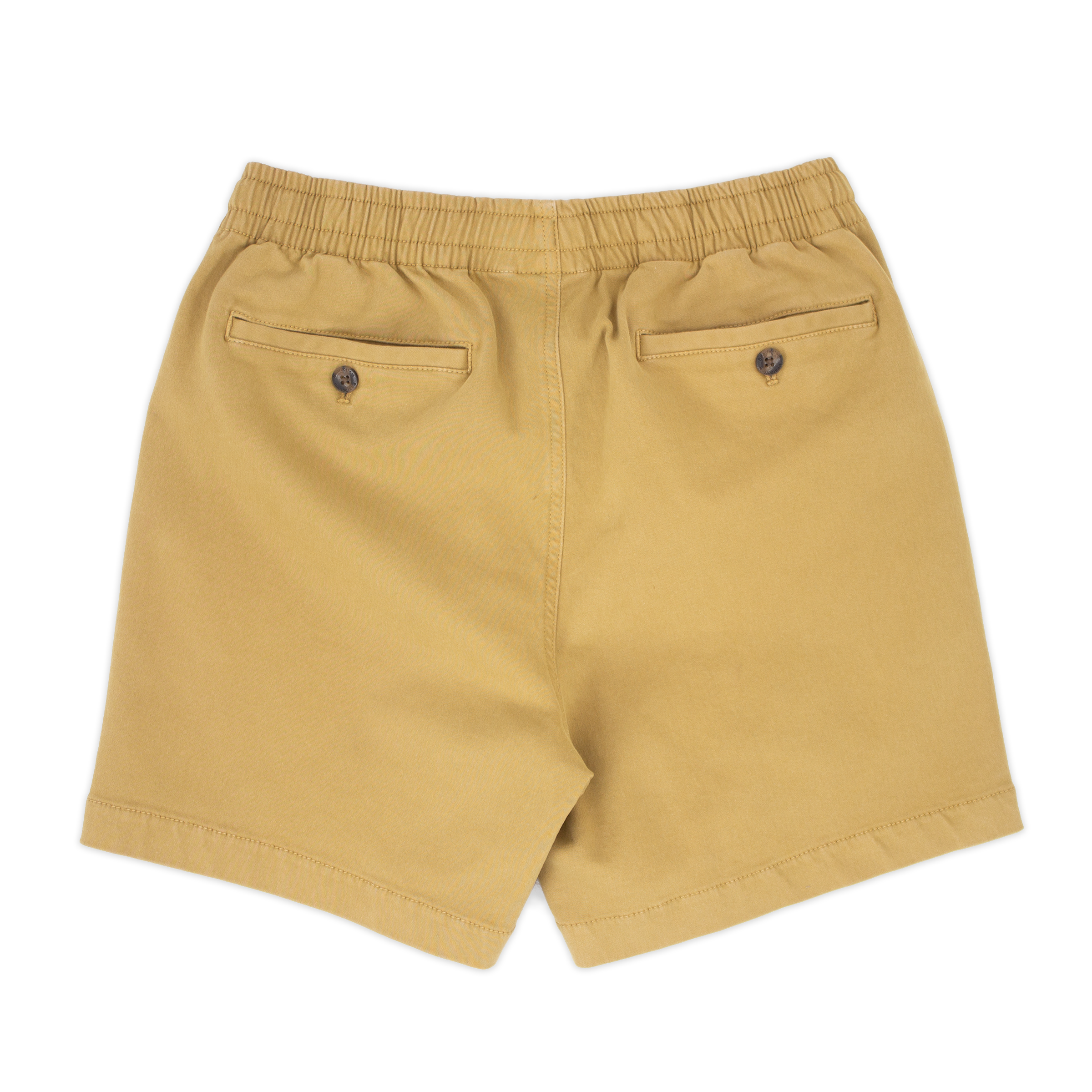 Alto Short 5.5" inseam in Khaki back with elastic waistband and two welt pocket with horn buttons 