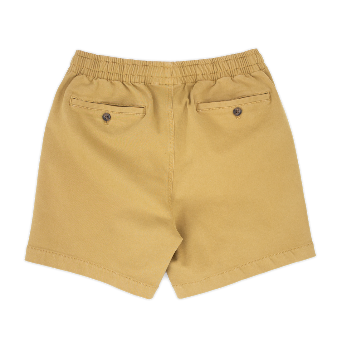 Alto Short 5.5" inseam in Khaki back with elastic waistband and two welt pocket with horn buttons 