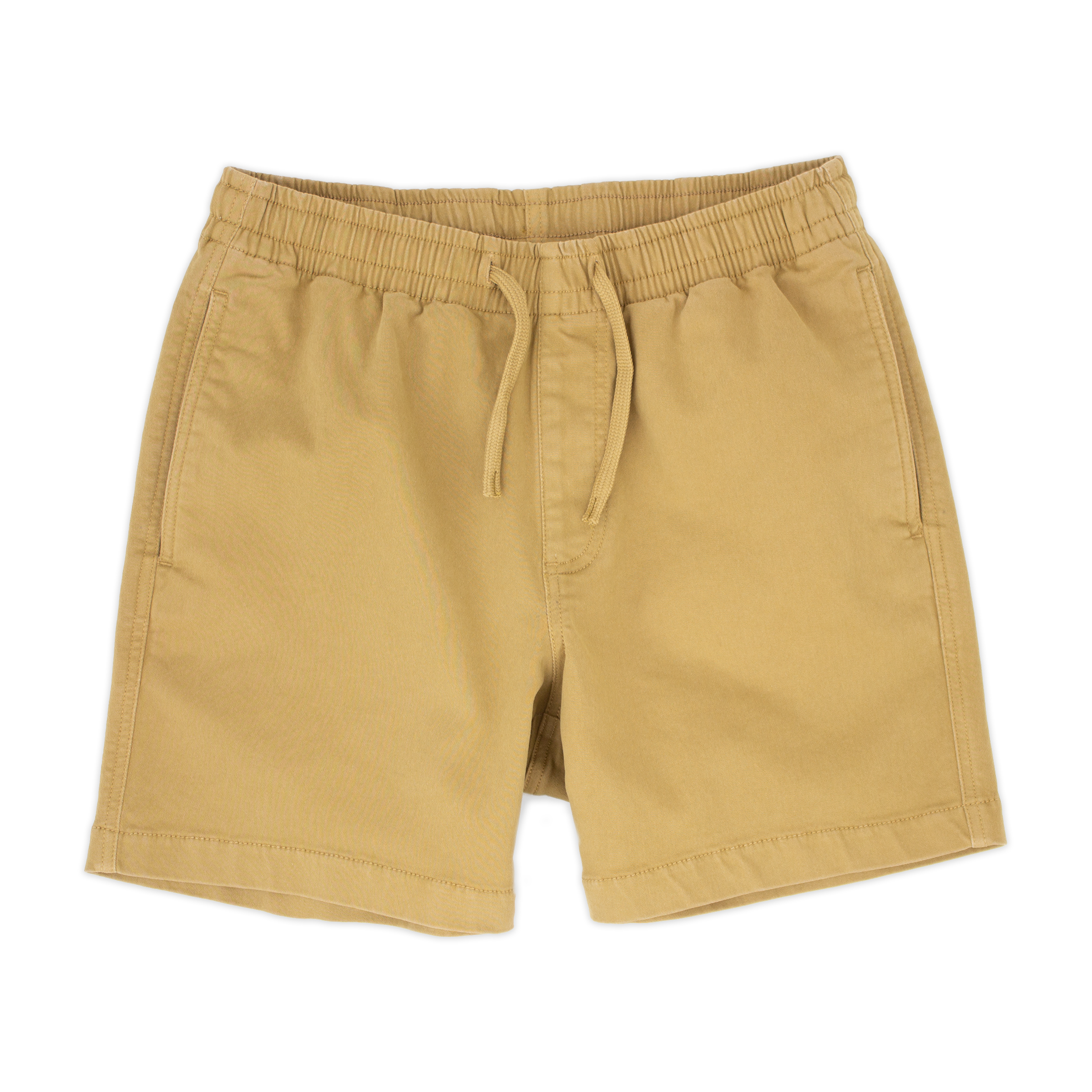 Alto Short 5.5" inseam in Khaki front with elastic waistband, fabric drawstring, faux fly, and two front side seam pockets