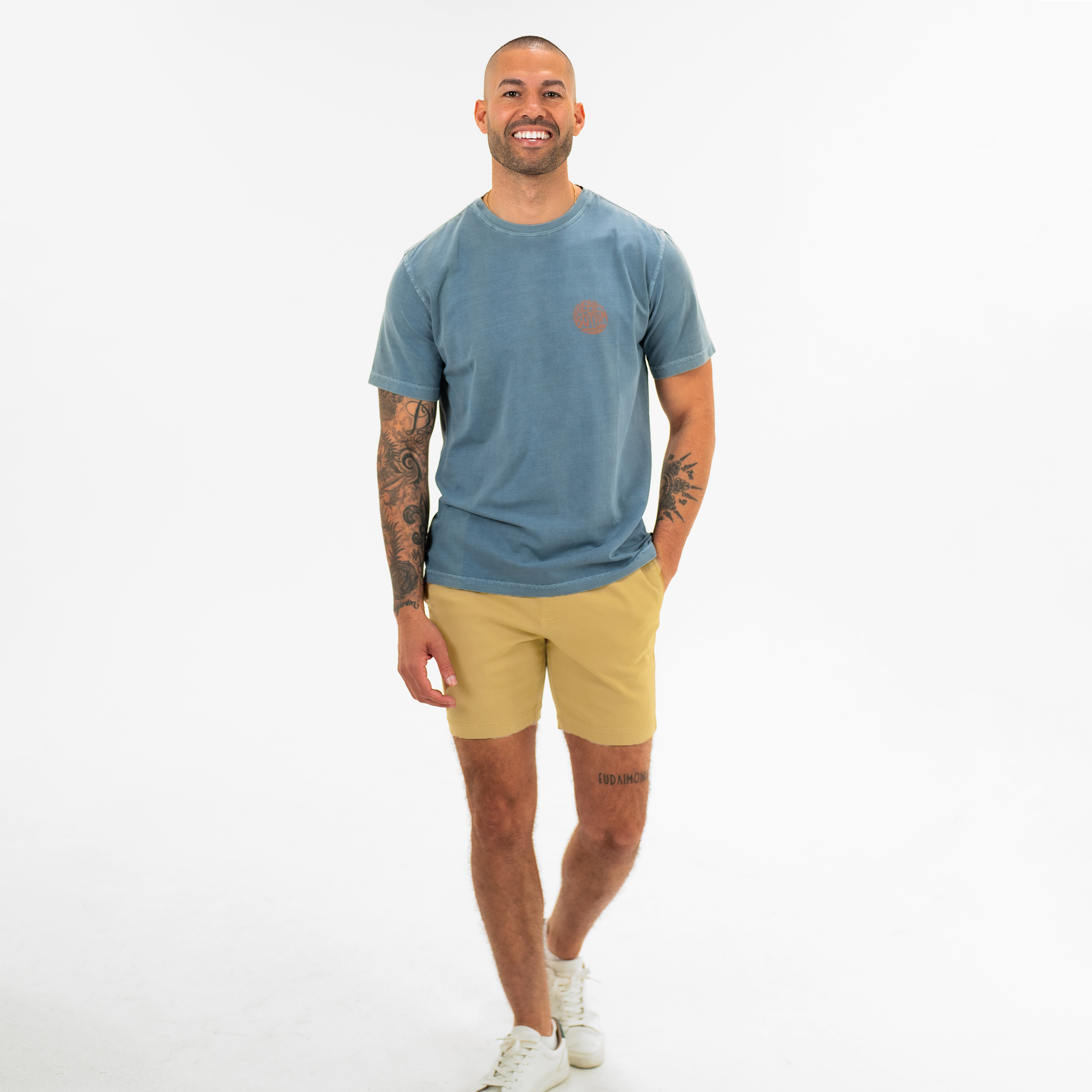 Alto Short 7" inseam in Khaki on model worn with blue Natural Dye Graphic Tee in Hangout print 