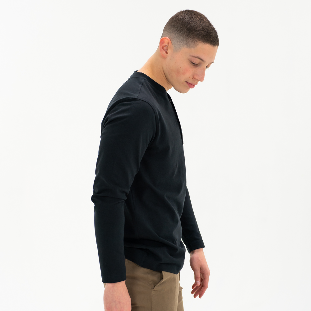 Long Sleeve Stretch Henley Black side on model