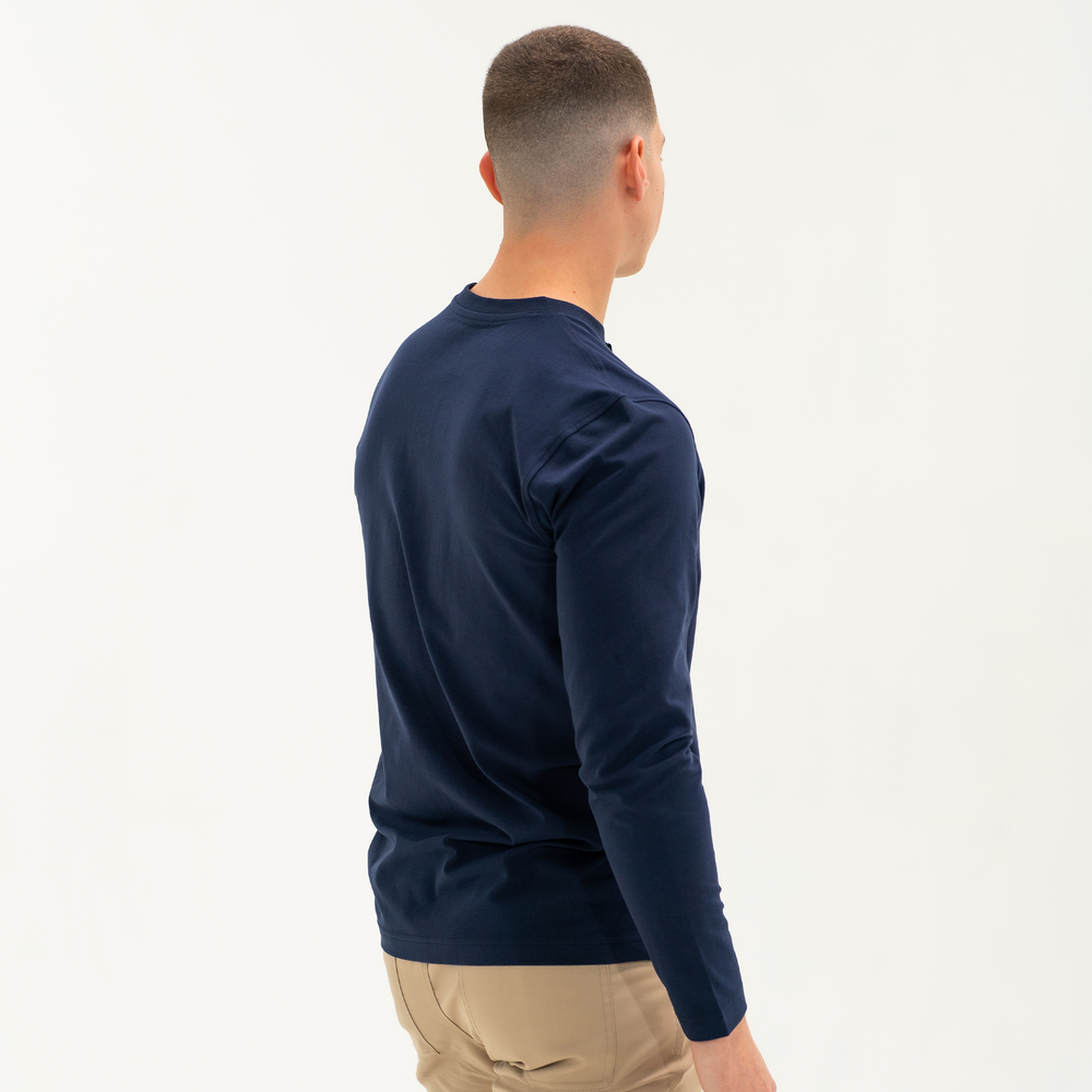 Long Sleeve Stretch Henley Navy back on model