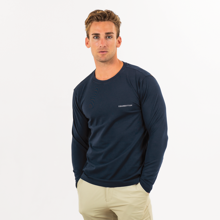Natural Dye Logo Long Sleeve Tee in Navy blue front on model