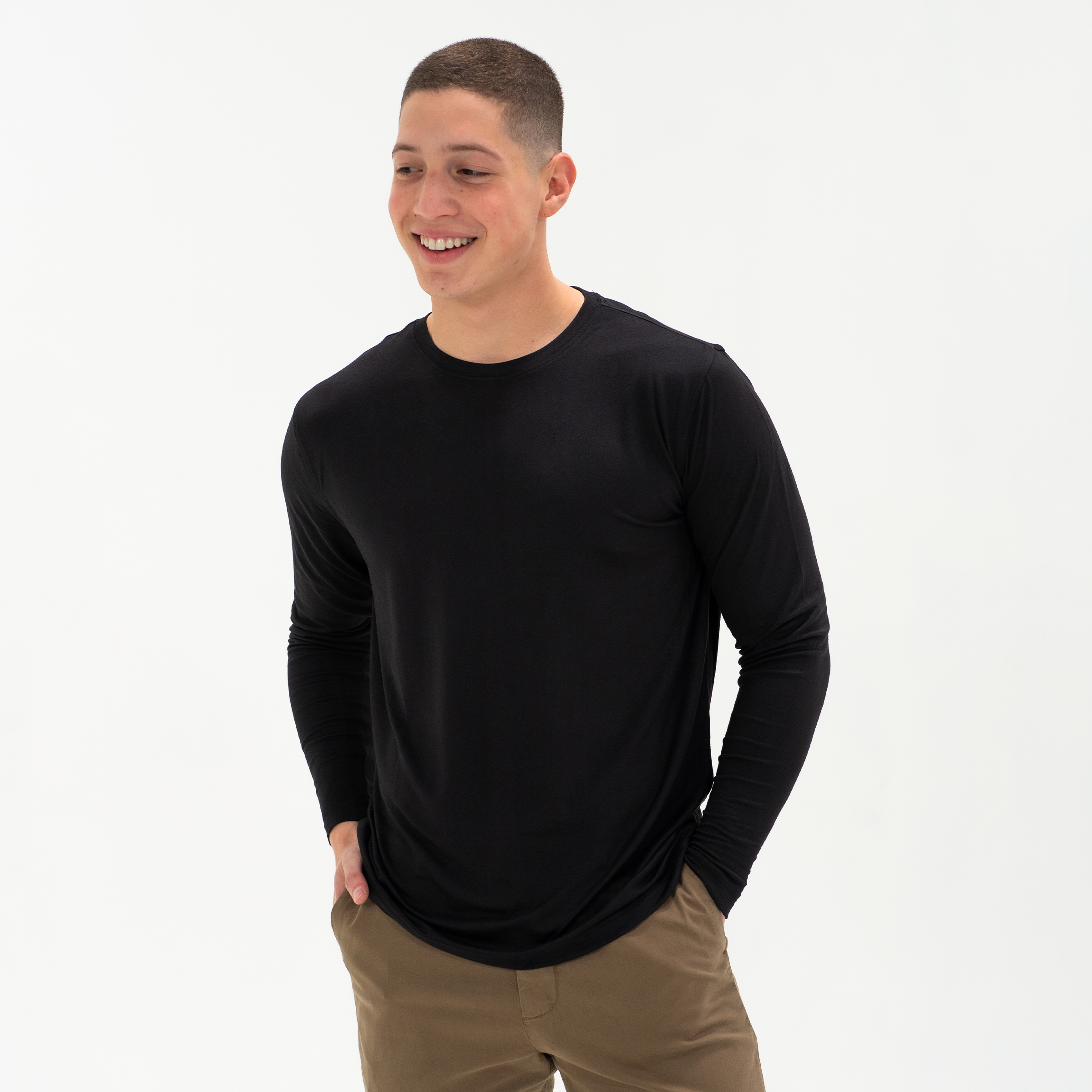 Long Sleeve Tech Tee Solid Black front on model