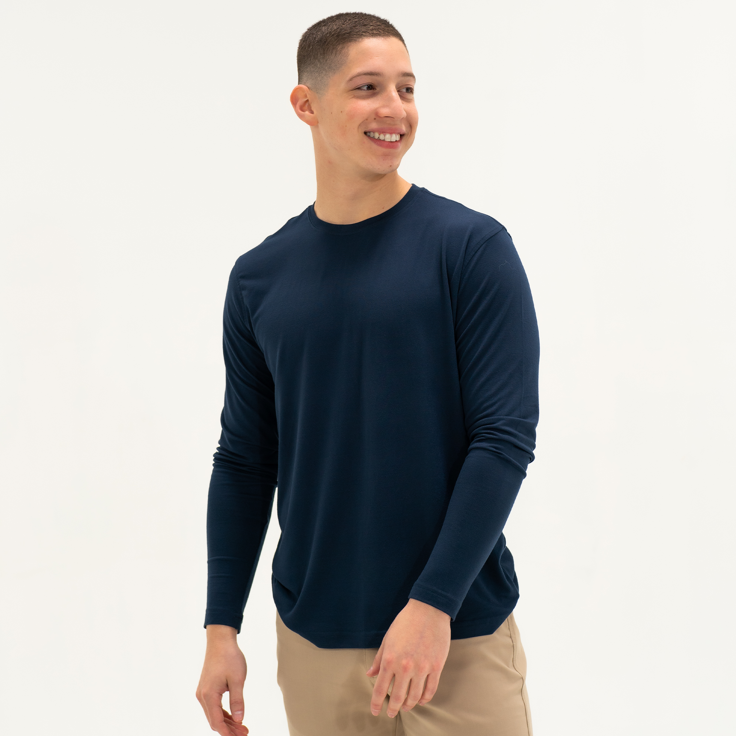 Long Sleeve Tech Tee Solid Navy front on model