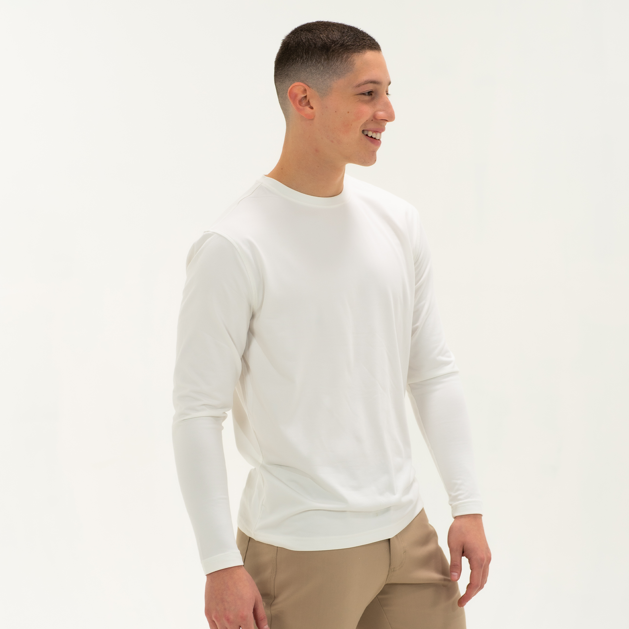 Long Sleeve Tech Tee Solid White side on model
