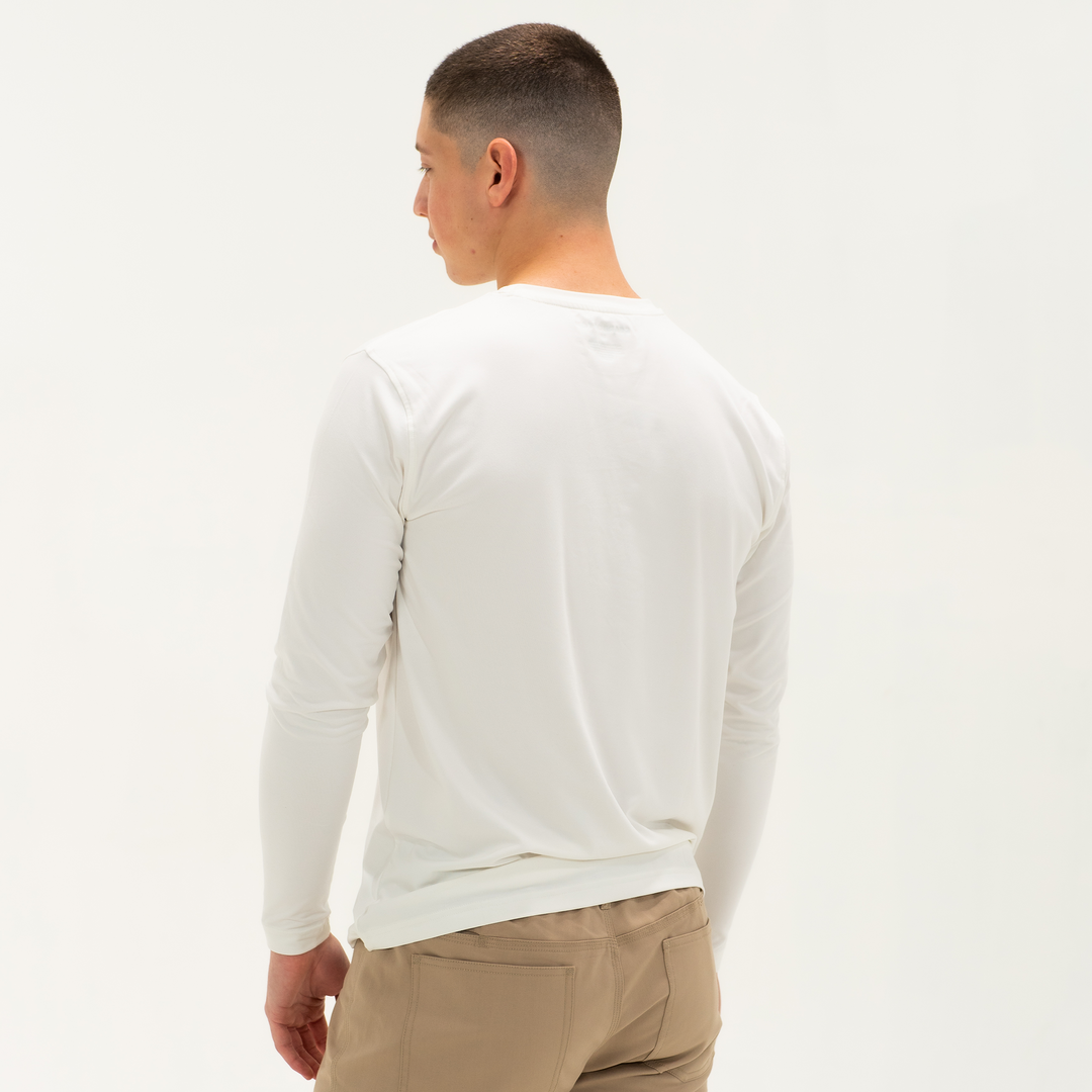 Long Sleeve Tech Tee Solid White back on model
