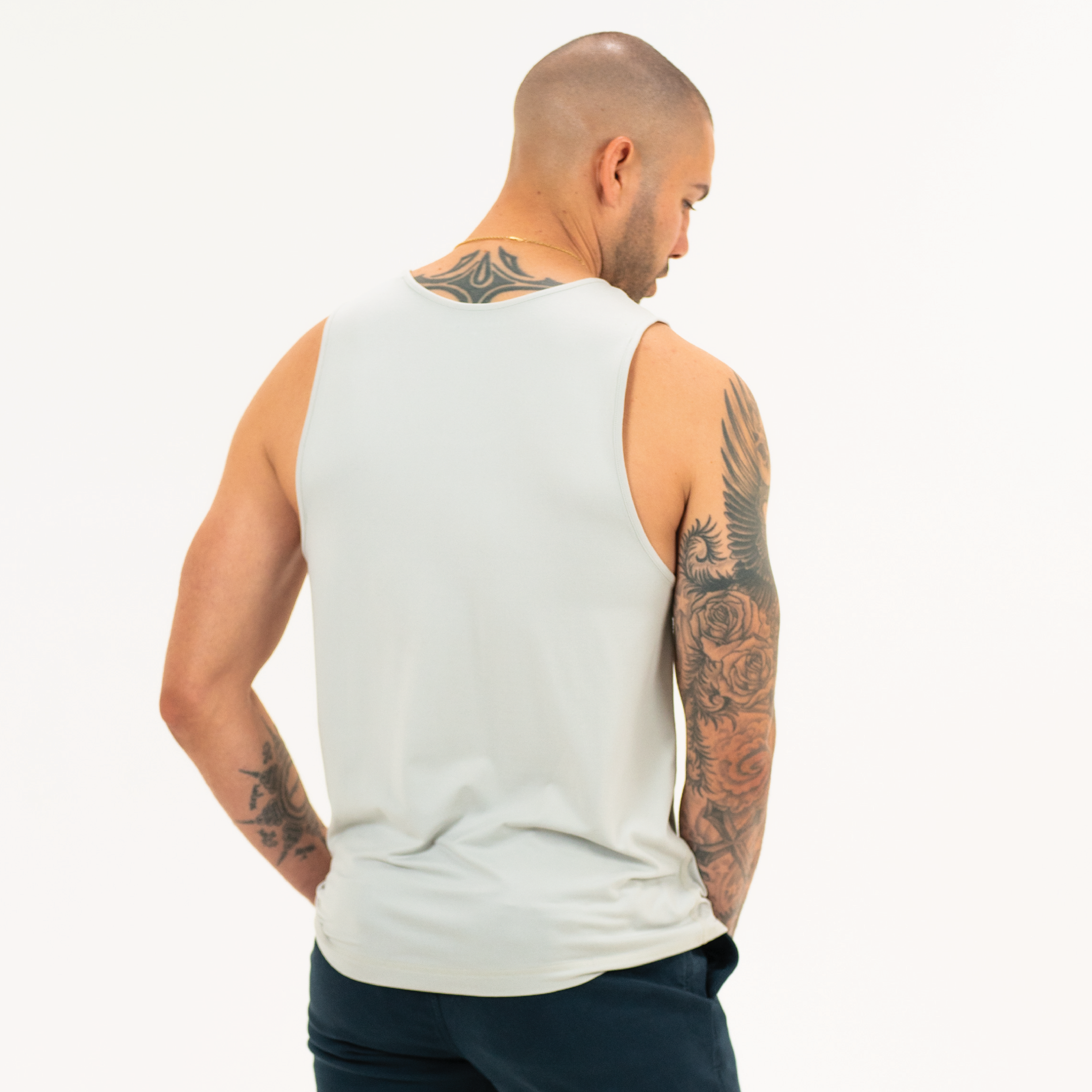 Tech Tank Quiet Grey solid back on model