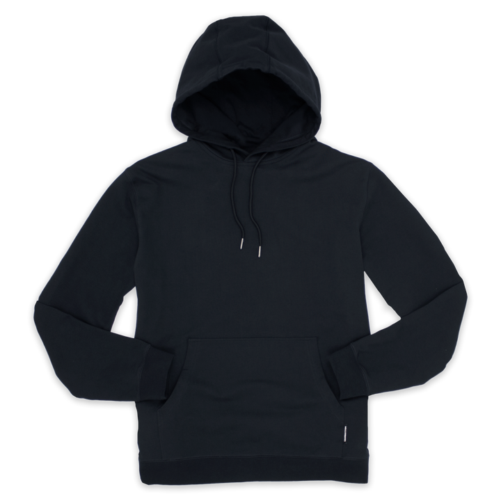 Front of Loft Hoodie Black with drawstrings with metal tips, kangaroo pocket, and ribbed wrists