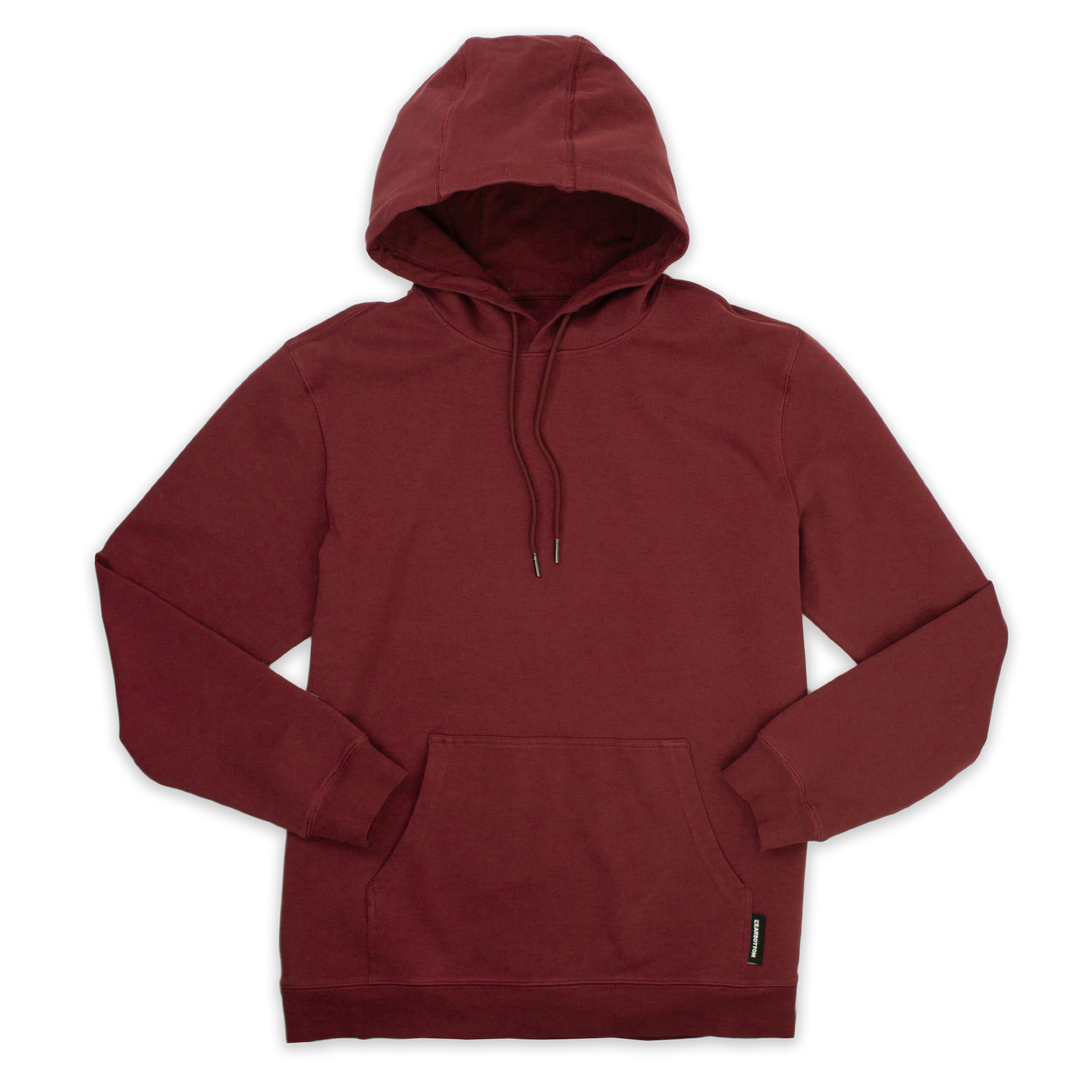 Front of Loft Hoodie Maroon with drawstrings with metal tips, kangaroo pocket, and ribbed wrists