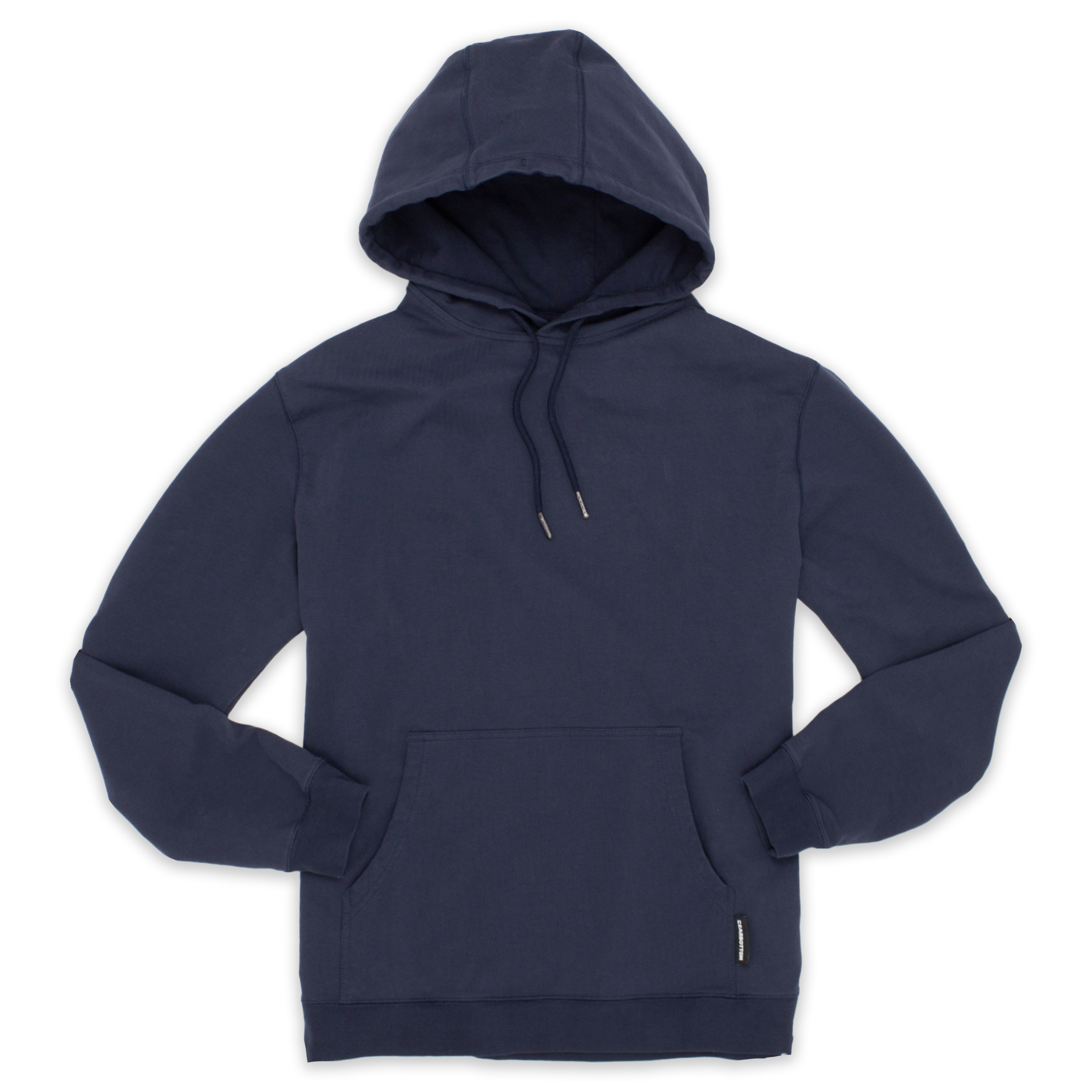 Front of Loft Hoodie Navy with drawstrings with metal tips, kangaroo pocket, and ribbed wrists