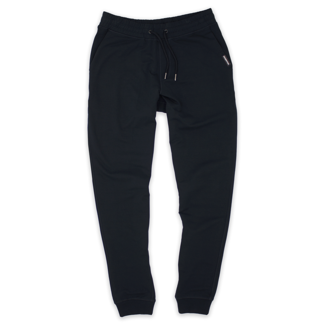 Loft Jogger Black with elastic waistband, drawstring with metal tips, two inseam pockets, and ribbed ankle cuffs
