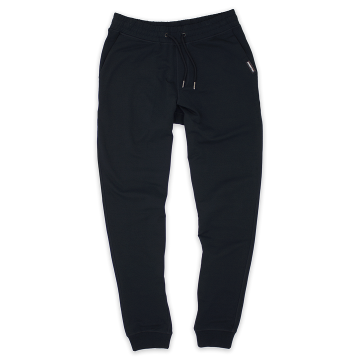 Loft Jogger Black with elastic waistband, drawstring with metal tips, two inseam pockets, and ribbed ankle cuffs