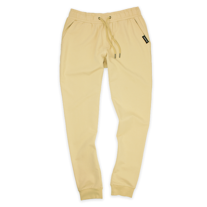 Loft Jogger Khaki with elastic waistband, drawstring with metal tips, two inseam pockets, and ribbed ankle cuffs