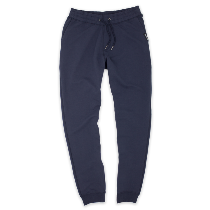 Loft Jogger Navy with elastic waistband, drawstring with metal tips, two inseam pockets, and ribbed ankle cuffs