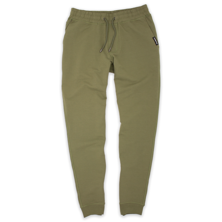 Loft Jogger Olive with elastic waistband, drawstring with metal tips, two inseam pockets, and ribbed ankle cuffs