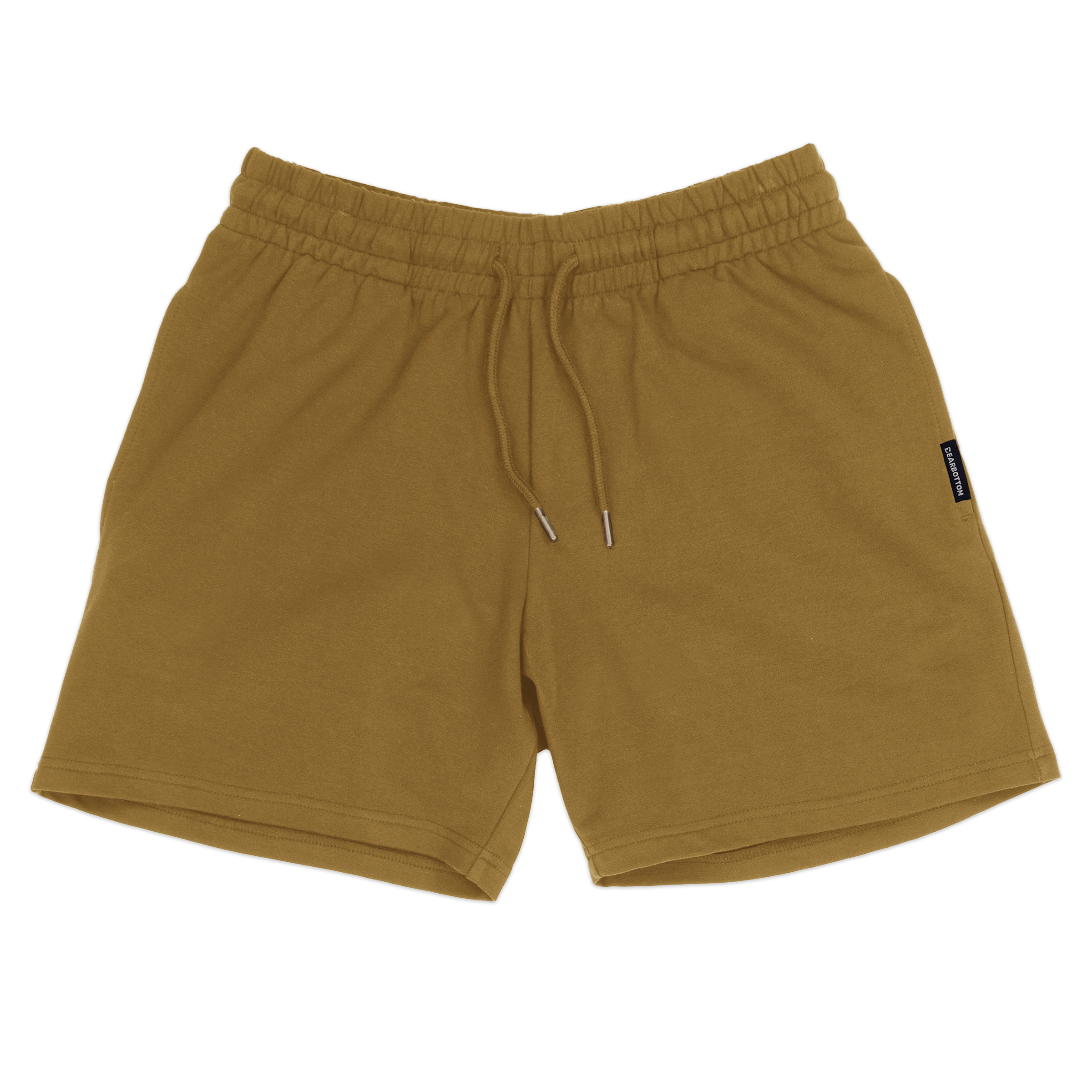 Loft Short 5.5" Camel front with elastic waistband, fabric drawstring with metal tips, and two inseam pockets