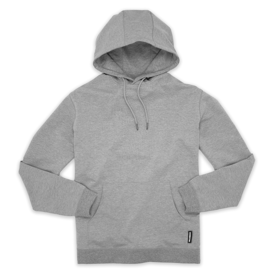 Front of Loft Hoodie Grey with drawstrings with metal tips, kangaroo pocket, and ribbed wrists