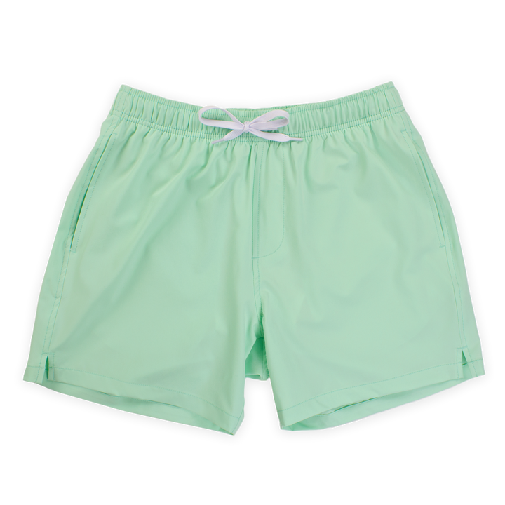 Stretch Swim 5.5" in Mint light green front with elastic waistband, white drawstring, and two inseam pockets