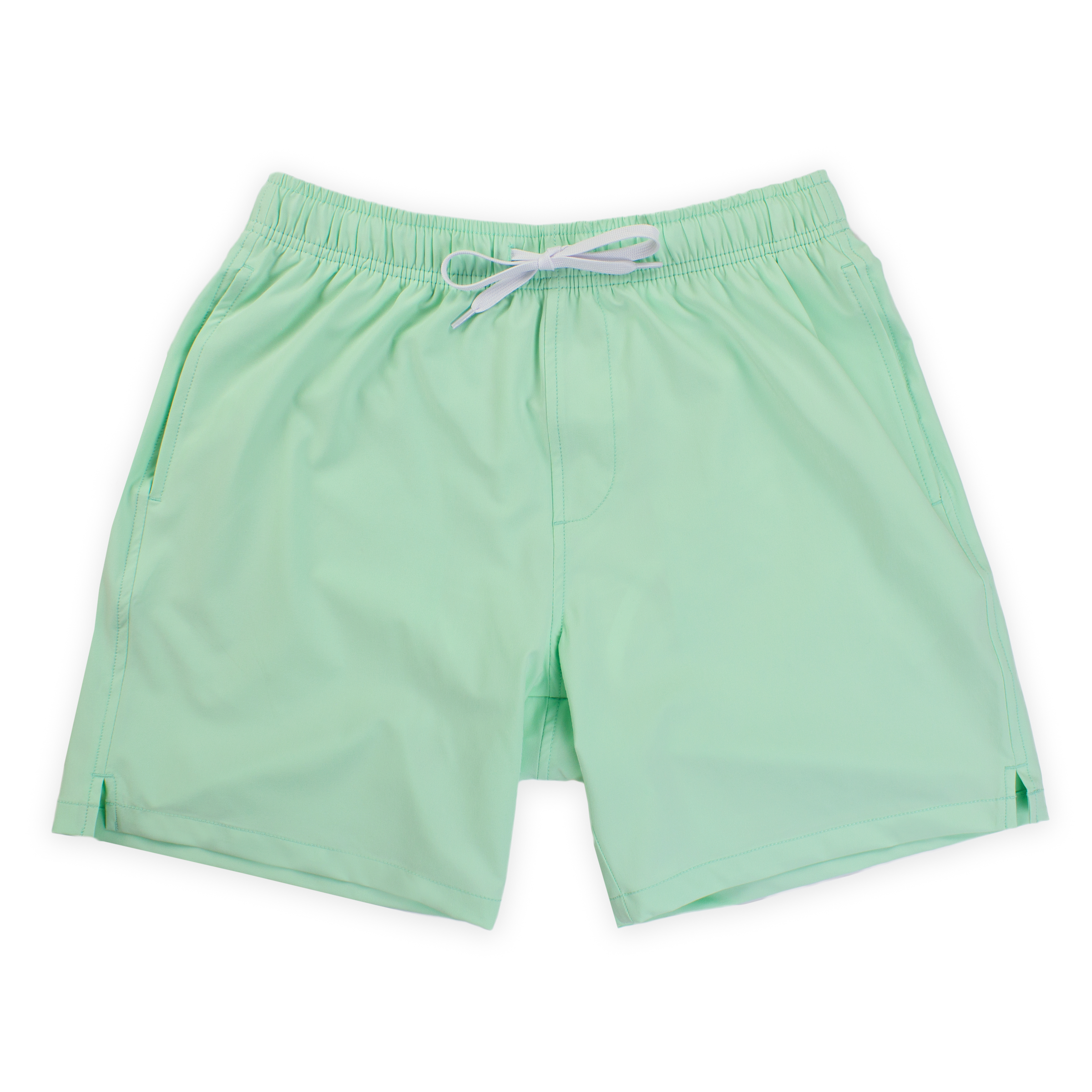 Stretch Swim 7" in Mint light green front with elastic waistband, white drawstring, and two inseam pockets
