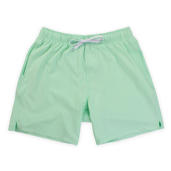 Stretch Swim 7" in Mint light green front with elastic waistband, white drawstring, and two inseam pockets