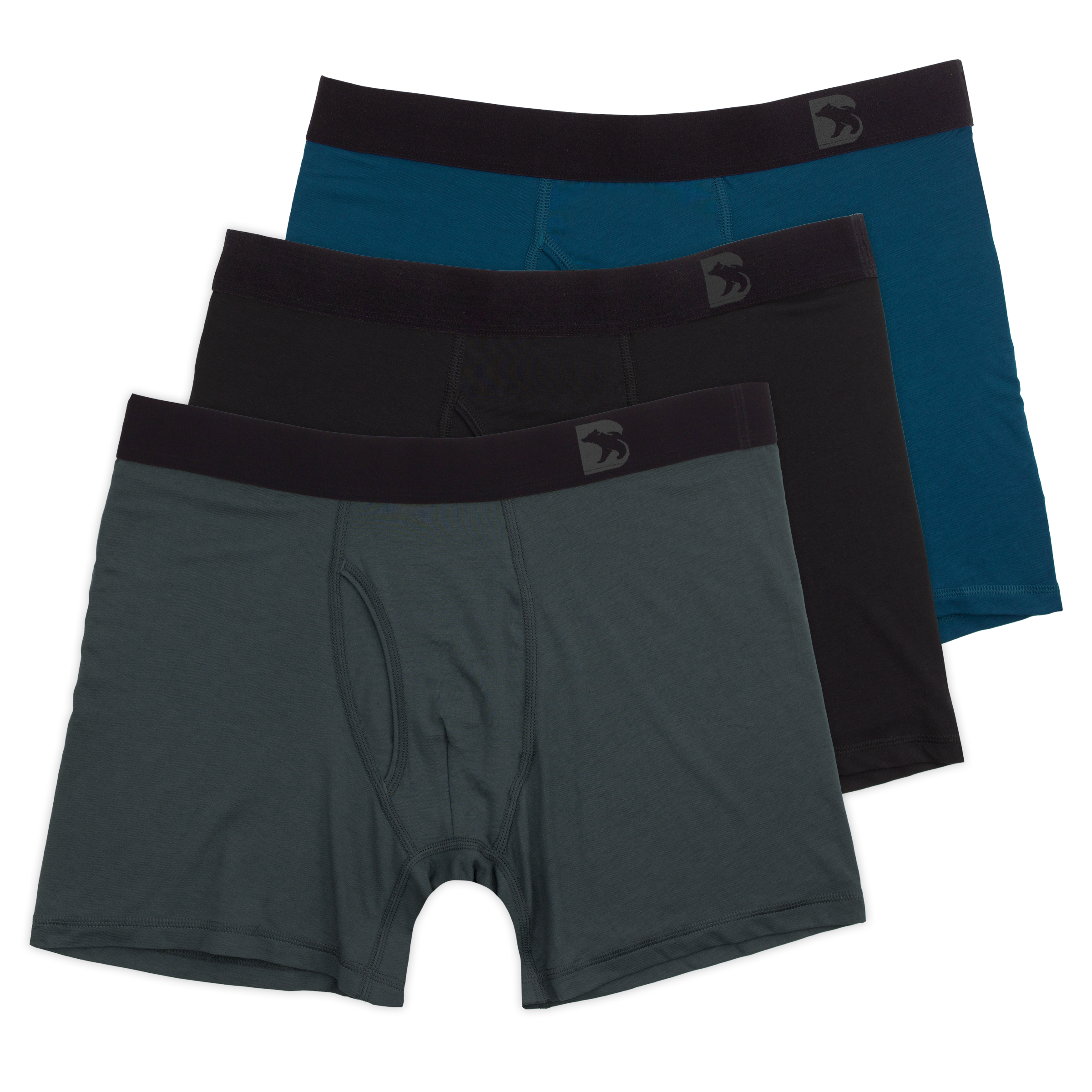 Modal Boxer Brief Classic 3 Pack in Coal grey, Ocean blue, and Black with elastic waistband with Bearbottom B logo and functional fly