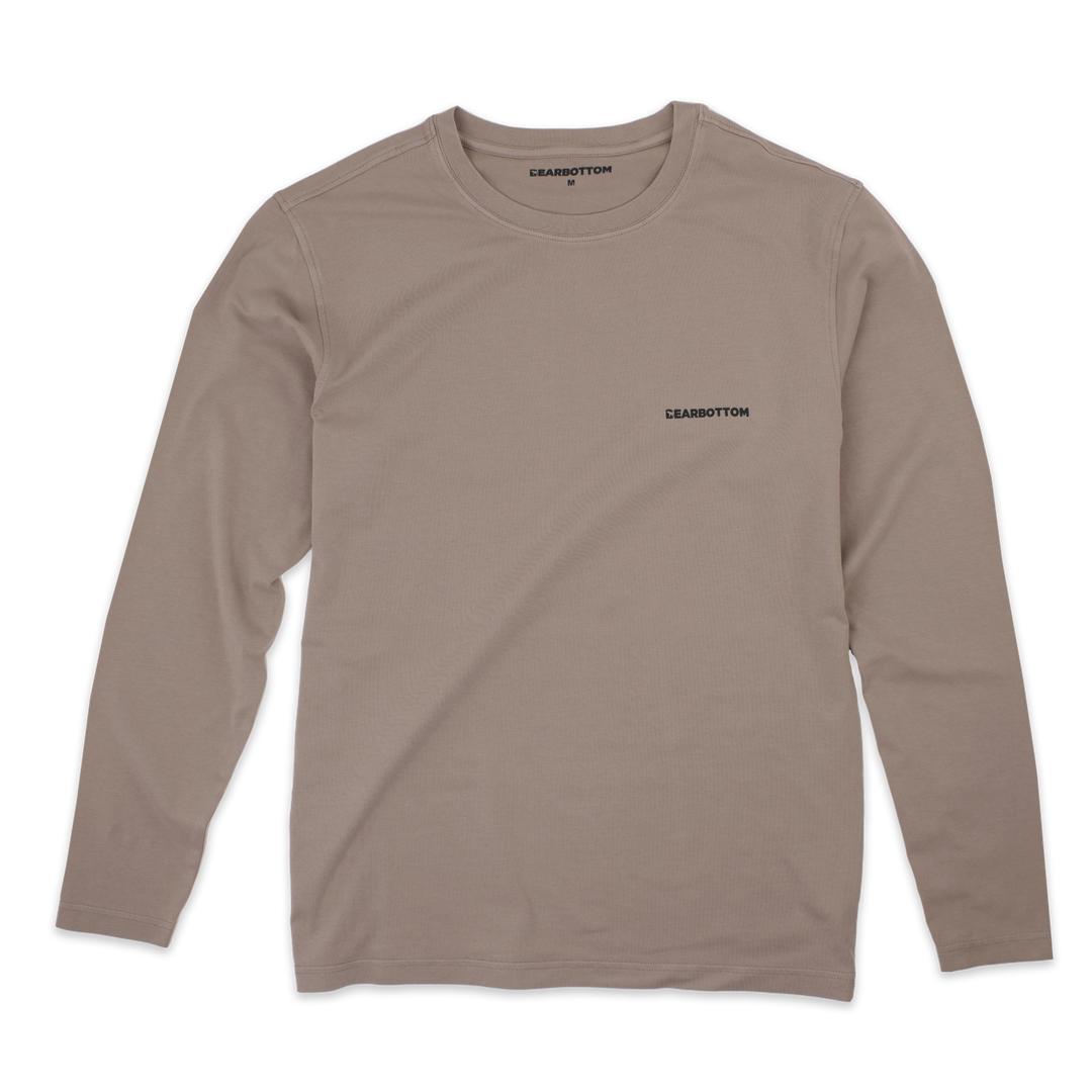 Natural Dye Logo Long Sleeve Tee in Mud brown with Crewneck and Bearbottom printed in black on front left chest