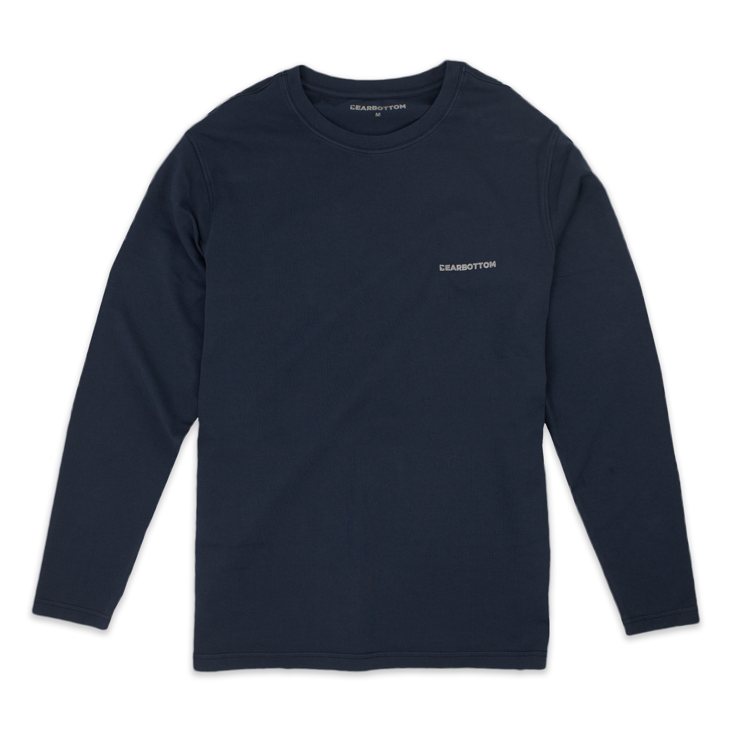 Natural Dye Logo Long Sleeve Tee in Navy blue with Crewneck and Bearbottom printed in grey on front left chest