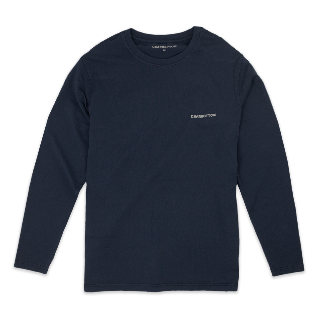 Natural Dye Logo Long Sleeve Tee in Navy blue with Crewneck and Bearbottom printed in grey on front left chest