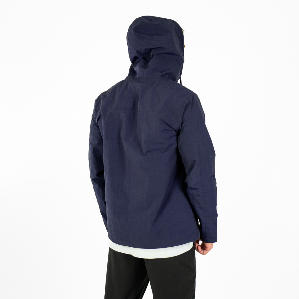 Windbreaker Jacket in Navy blue back on model with hood on