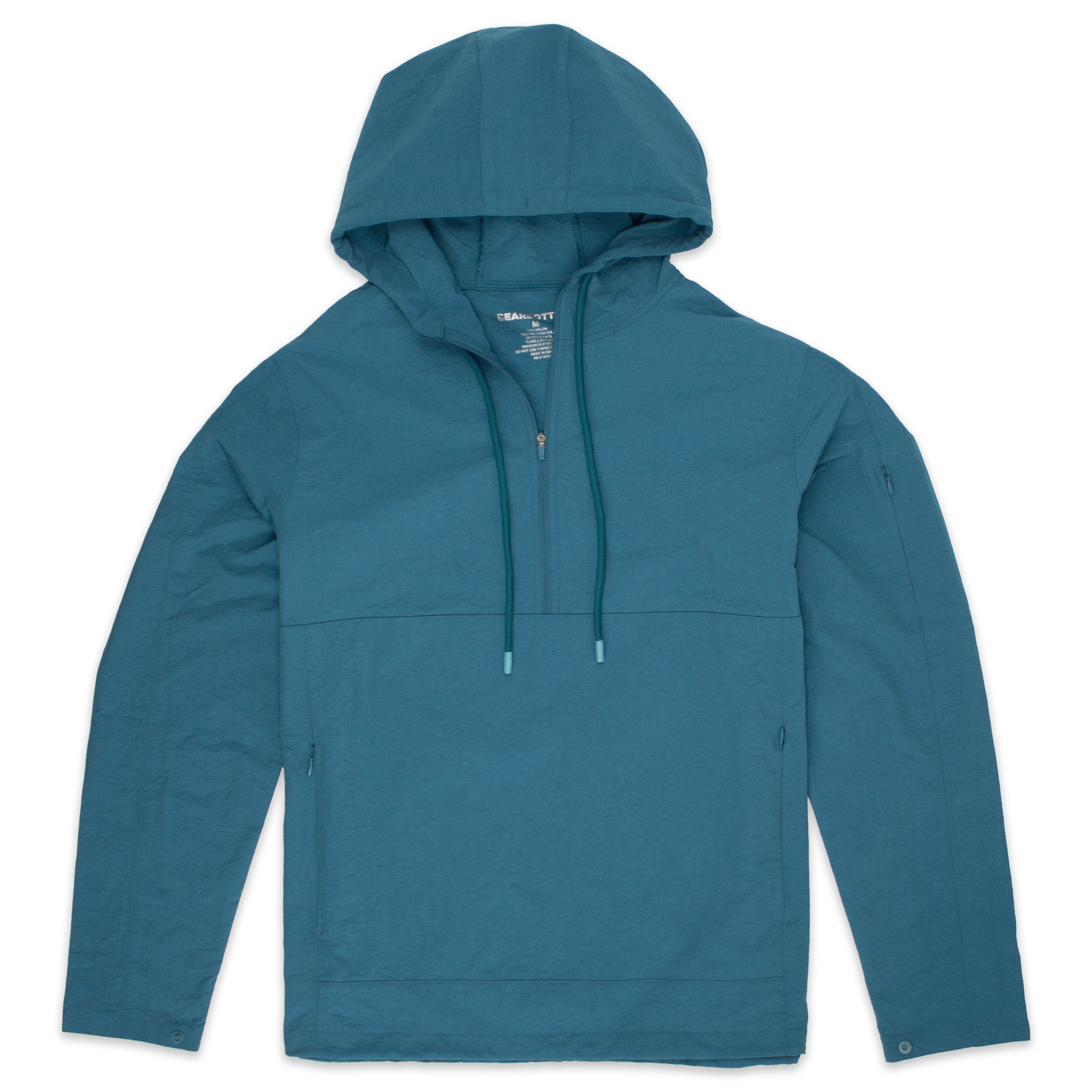 Windbreaker Jacket in Ocean blue with kangaroo pocket with zippers, zipper stash pocket on right arm, wrist snaps for secure fit, rubberized hood drawstring, and three-quarter zipper through collar