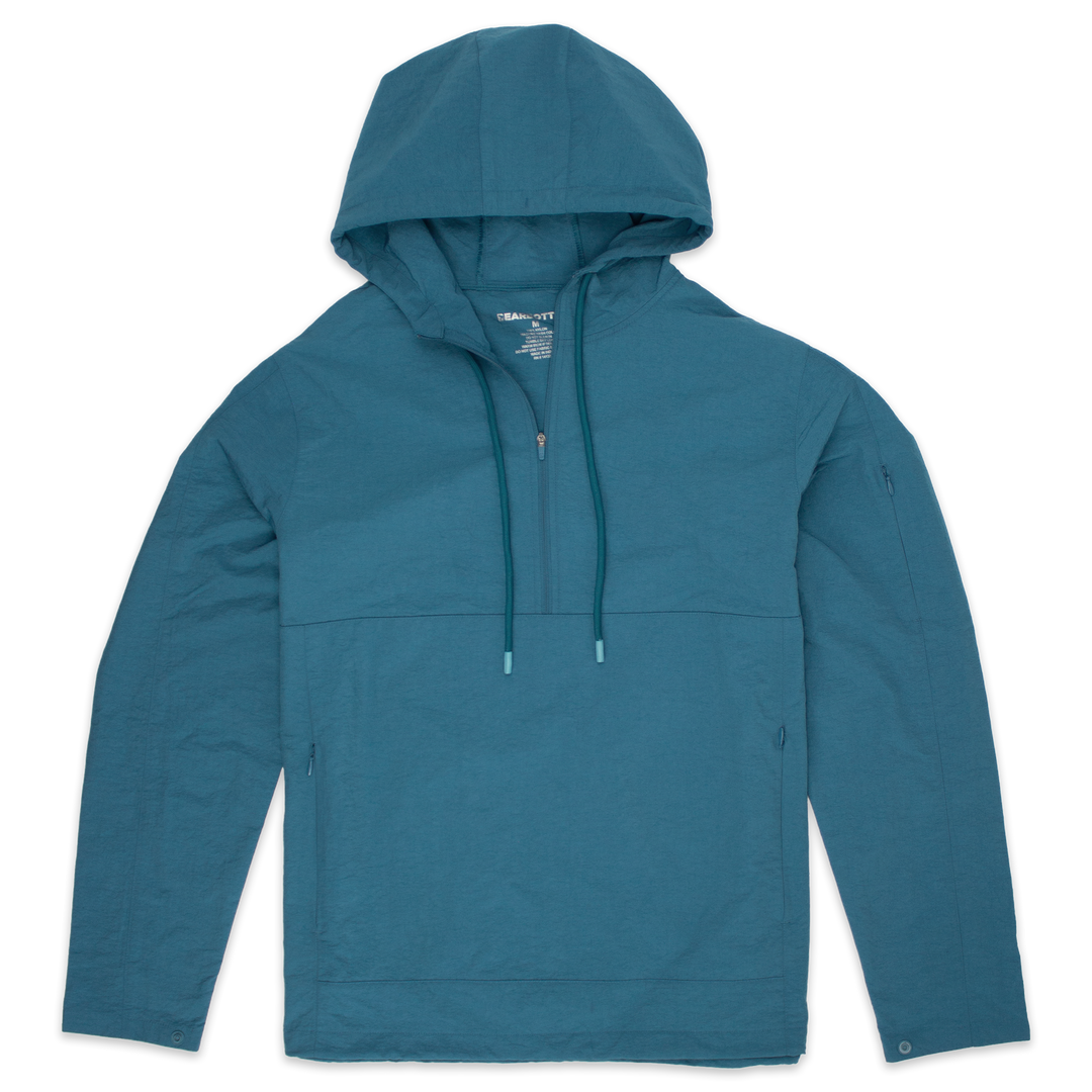Windbreaker Jacket in Ocean blue with kangaroo pocket with zippers, zipper stash pocket on right arm, wrist snaps for secure fit, rubberized hood drawstring, and three-quarter zipper through collar