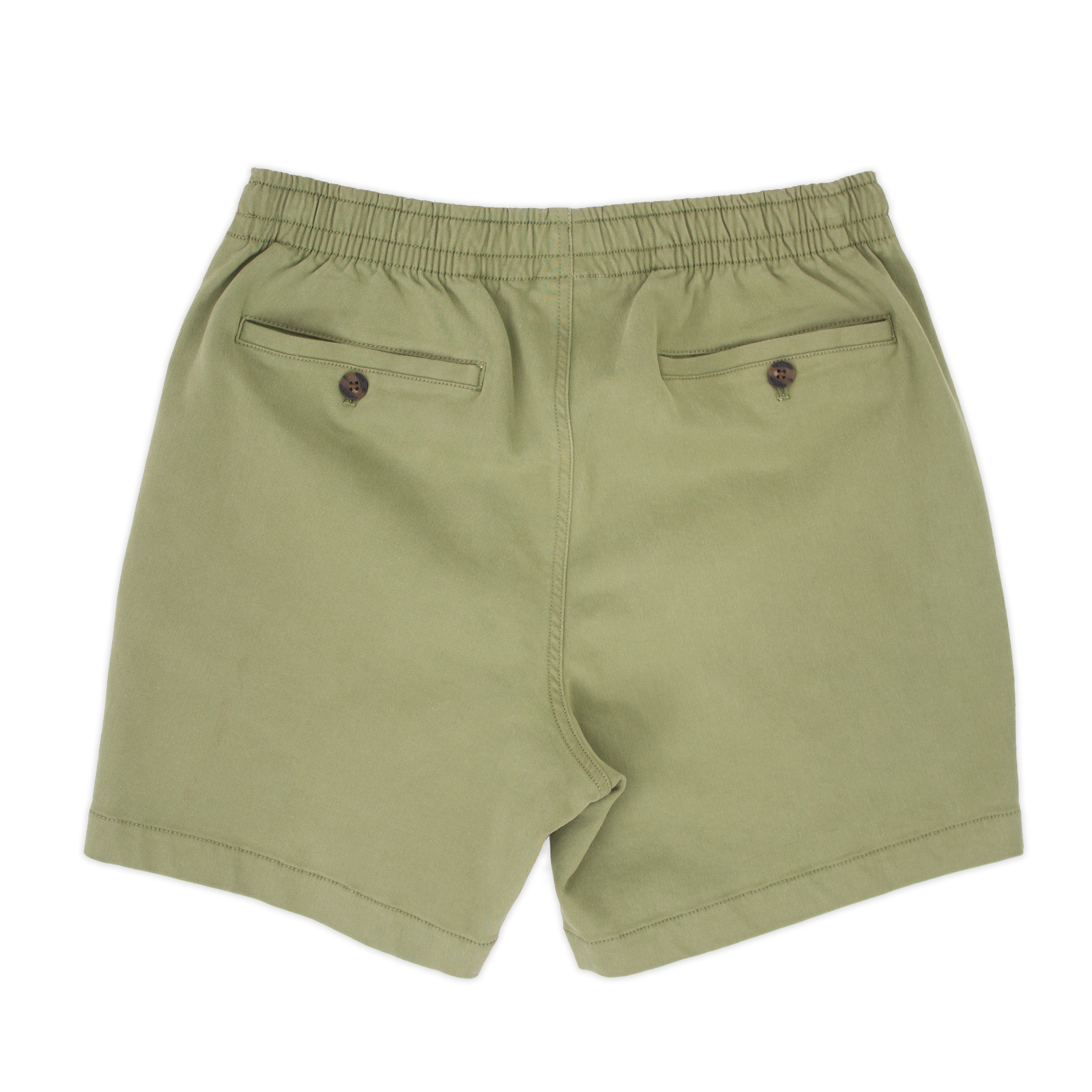 Alto Short 5.5" inseam in Olive back with elastic waistband and two welt pocket with horn buttons