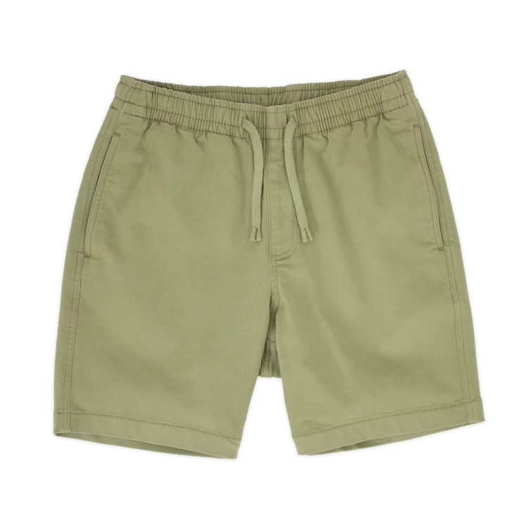 Alto Short 7" inseam in Olive front with elastic waistband, fabric drawstring, faux fly, and two front side seam pockets