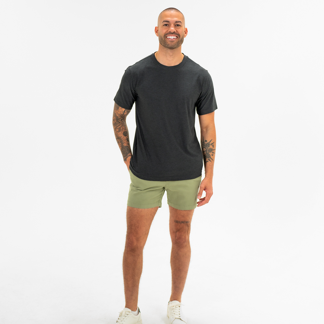 Alto Short 5.5" inseam in Olive front on model worn with Short Sleeve Tech Tee in Charcoal