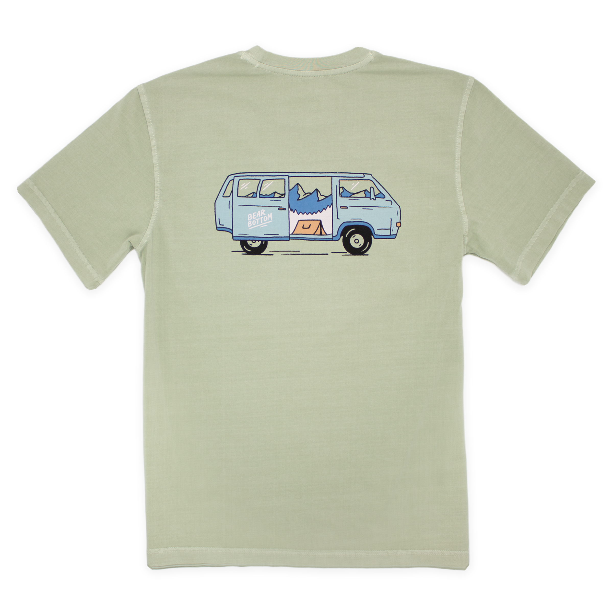 Back of Natural Dye Graphic Tee Roadtrip in sage green with blue van