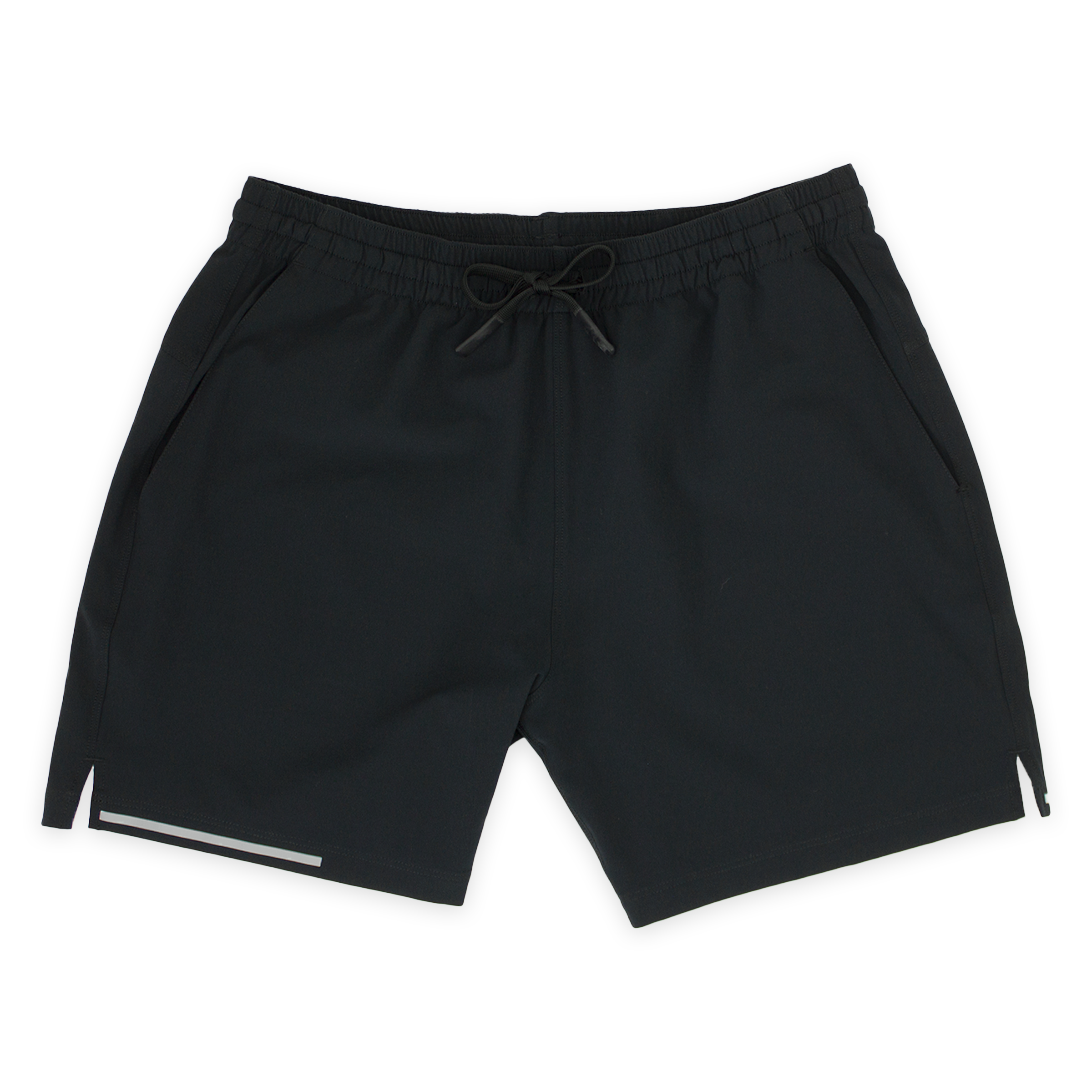 Run Short 5.5" Black front with elastic waistband, dyed-to-match drawstring with rubberized tips, two front pockets, split hem, and reflective line on bottom right hem