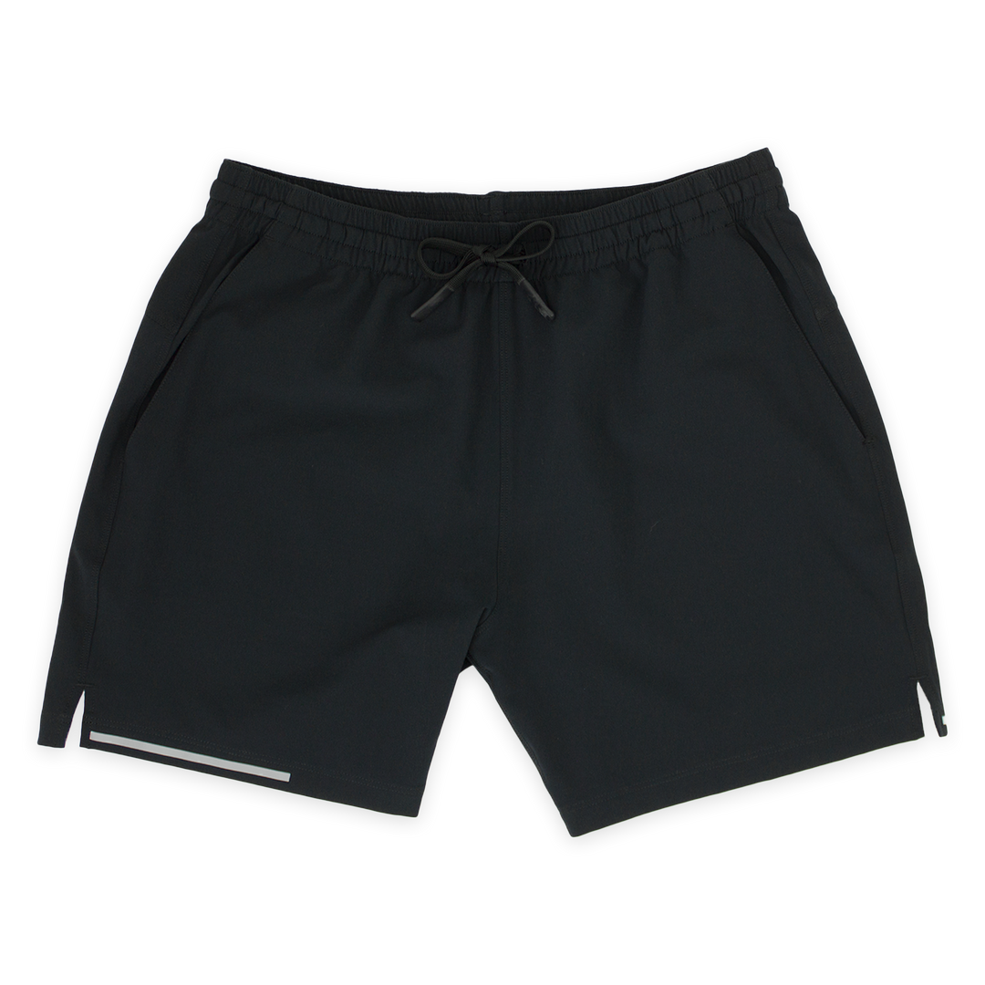 Run Short 5.5" Black front with elastic waistband, dyed-to-match drawstring with rubberized tips, two front pockets, split hem, and reflective line on bottom right hem