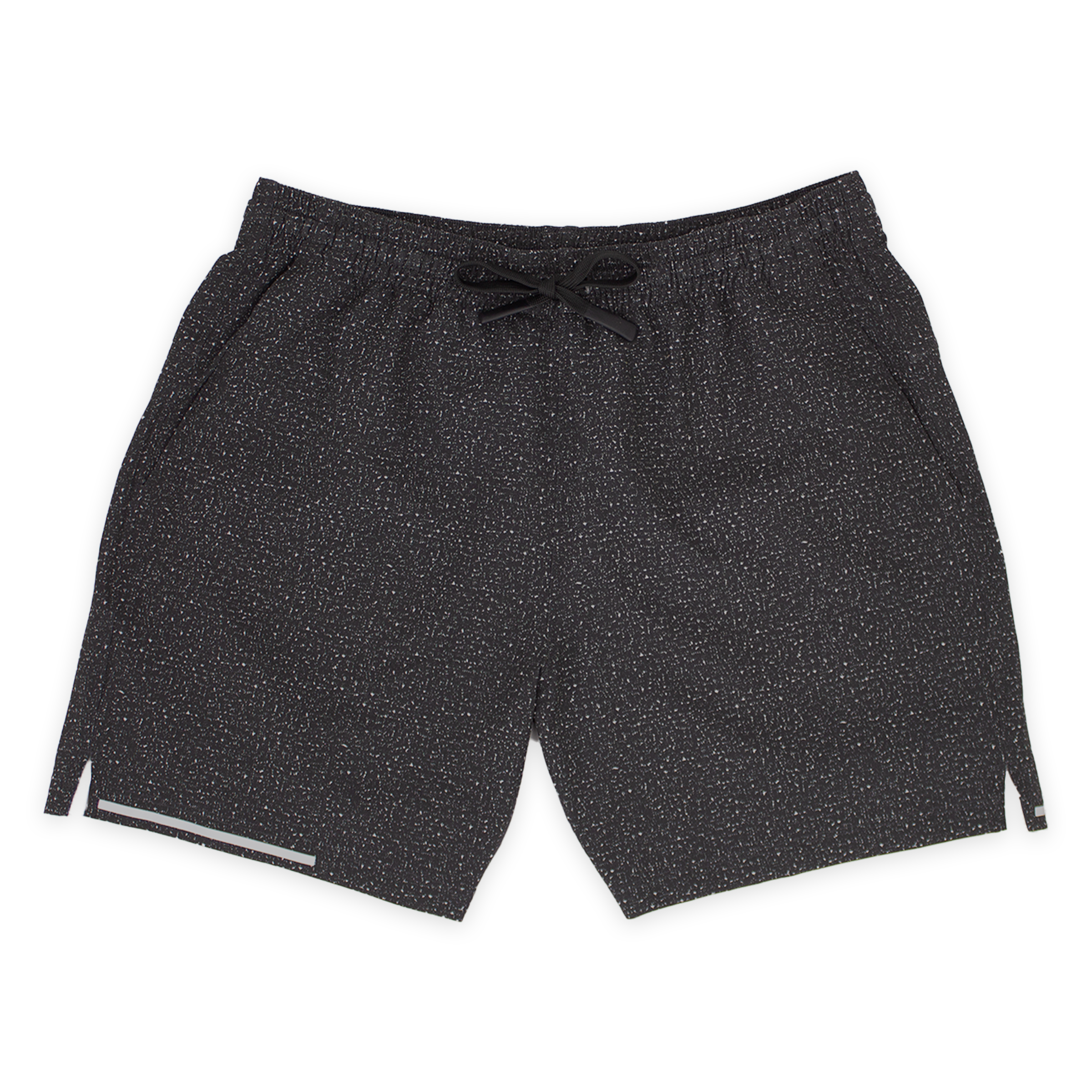 Run Short 5.5" Carbon front with elastic waistband, black drawstring with rubberized tips, two front pockets, split hem, and reflective line on bottom right hem