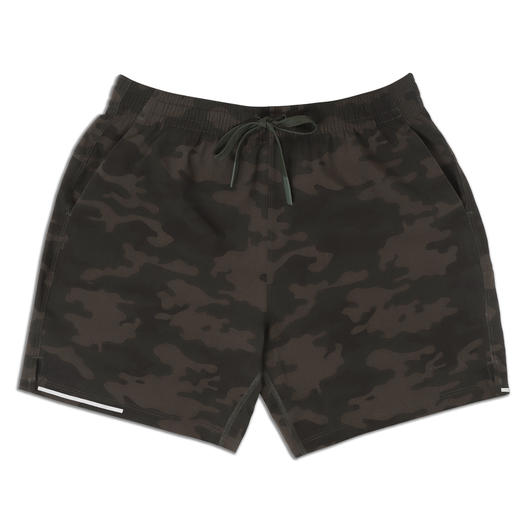 Run Short 5.5" Camo Green front with elastic waistband, dyed-to-match drawstring with rubberized tips, two front pockets, split hem, and reflective line on bottom right hem