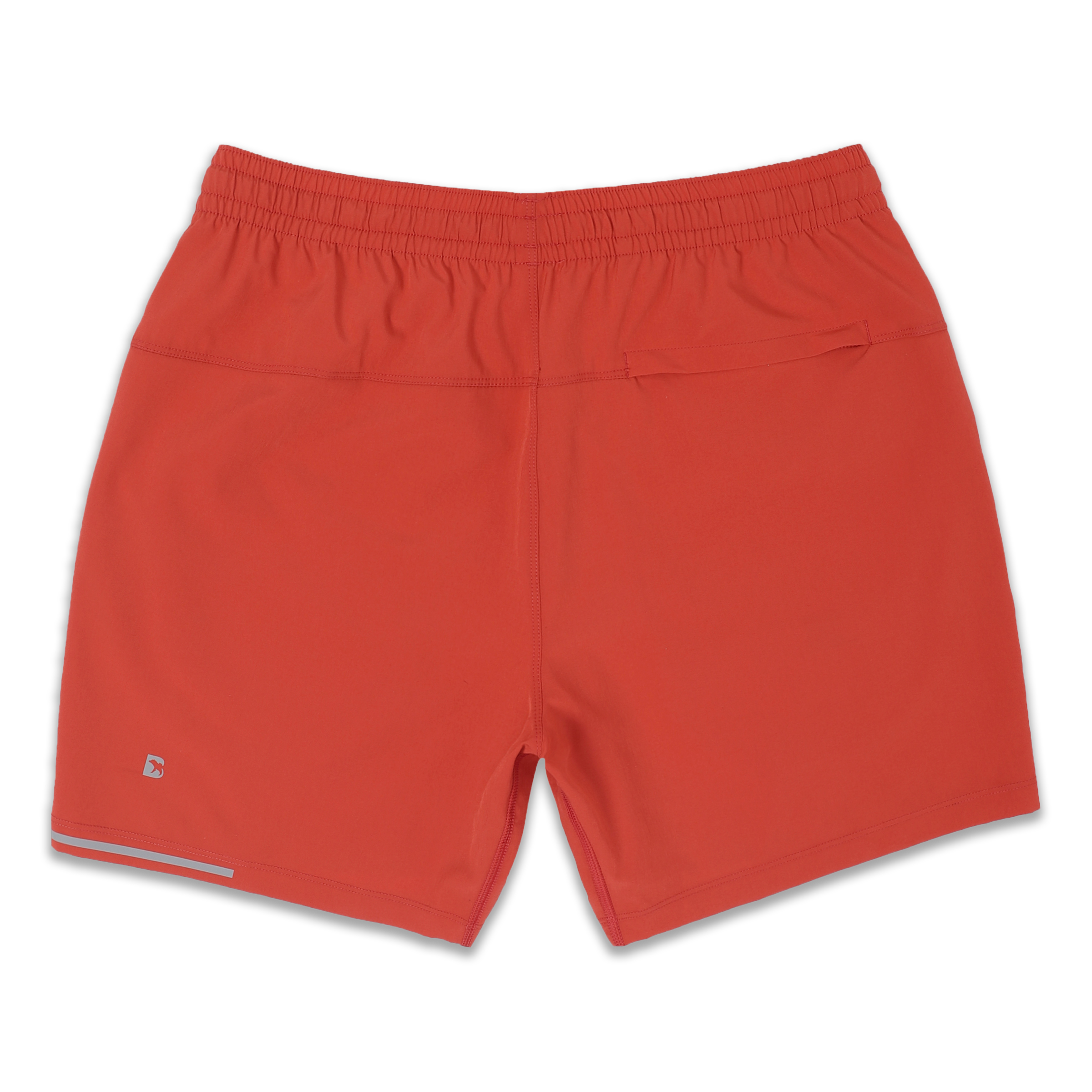 Run Short 5.5" Coral back with elastic waistband, back right hidden zipper pocket, reflective line on bottom left hem, and reflective Bear B logo on bottom left leg