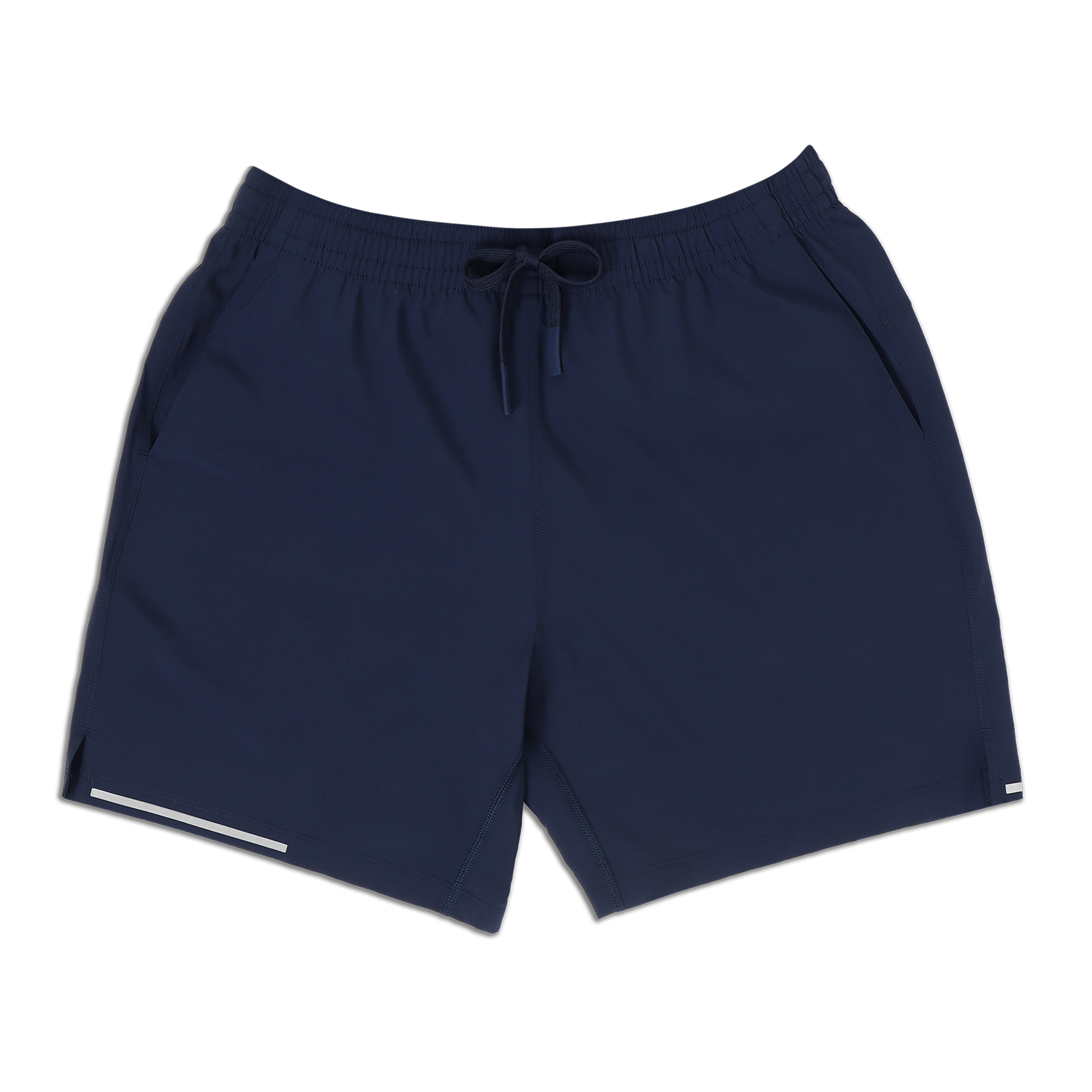 Run Short 5.5" Navy front with elastic waistband, dyed-to-match drawstring with rubberized tips, two front pockets, split hem, and reflective line on bottom right hem