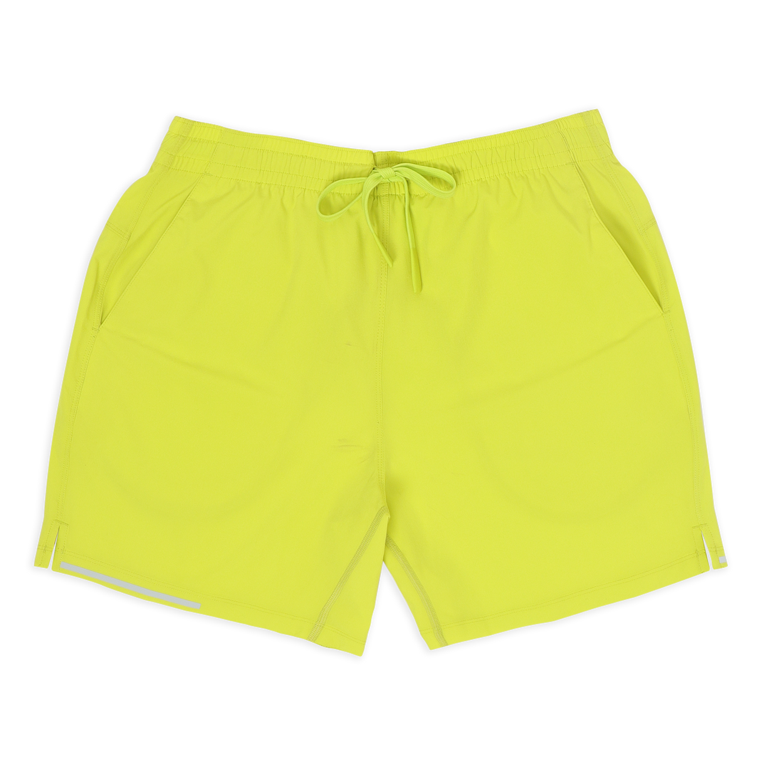 Run Short 5.5" Electric Yellow front with elastic waistband, dyed-to-match drawstring with rubberized tips, two front pockets, split hem, and reflective line on bottom right hem