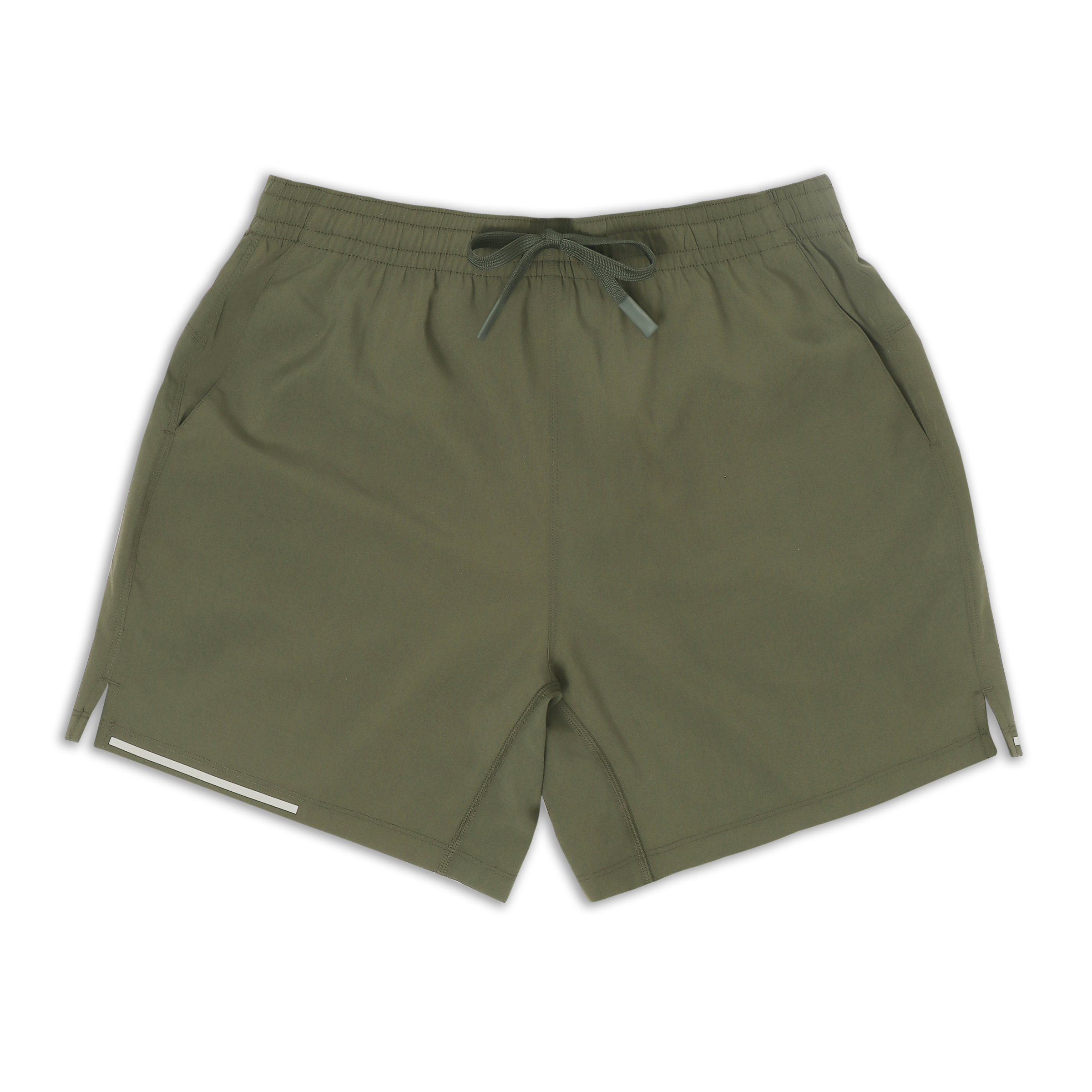 Run Short 5.5" Military Green front with elastic waistband, dyed-to-match drawstring with rubberized tips, two front pockets, split hem, and reflective line on bottom right hem