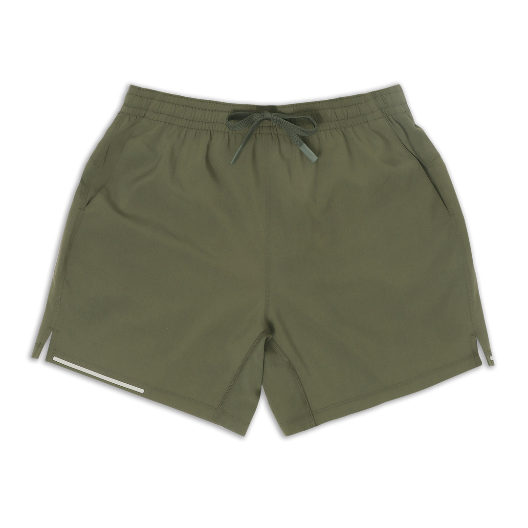 Run Short 5.5" Military Green front with elastic waistband, dyed-to-match drawstring with rubberized tips, two front pockets, split hem, and reflective line on bottom right hem