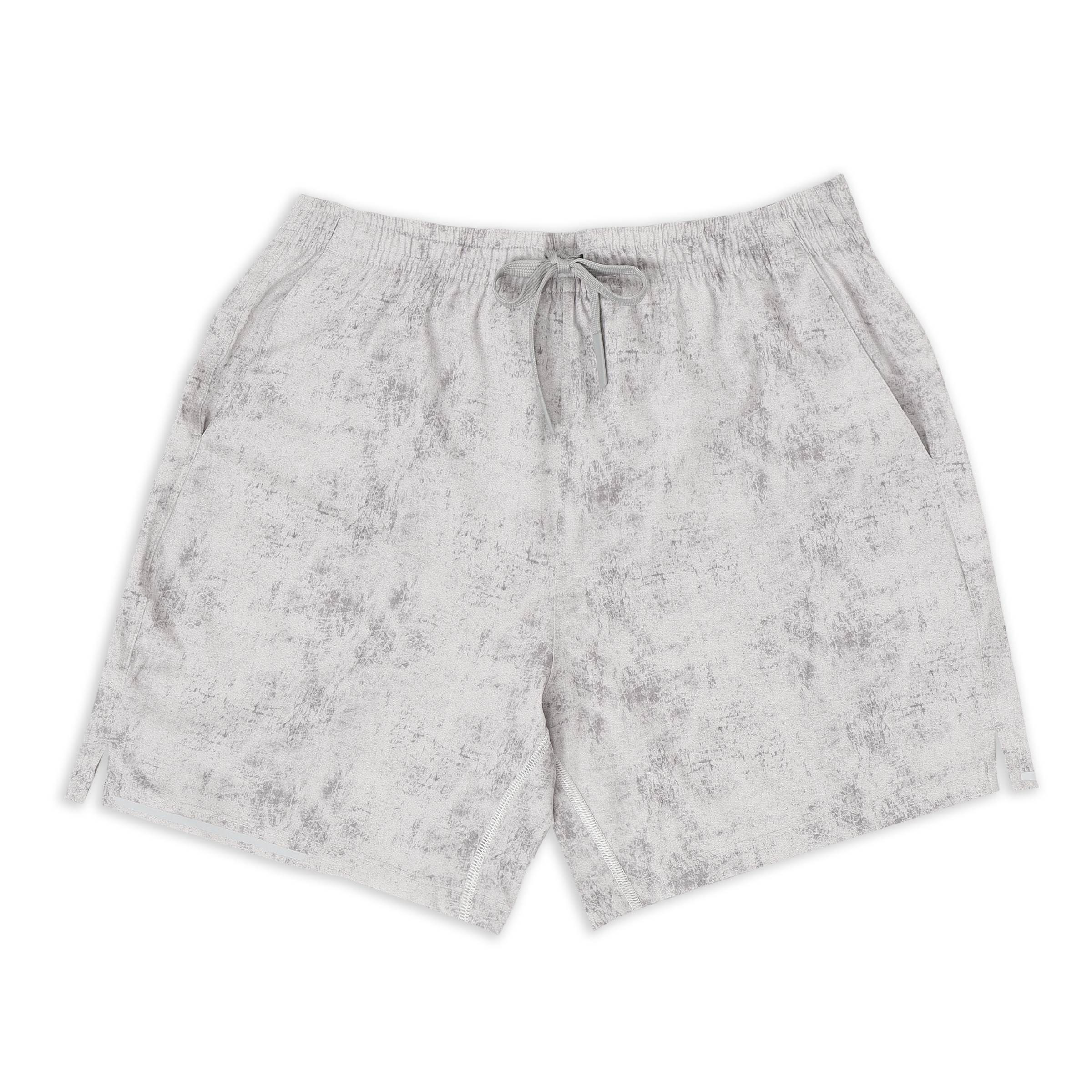 Run Short 5.5" Concrete front with elastic waistband, dyed-to-match drawstring with rubberized tips, two front pockets, split hem, and reflective line on bottom right hem