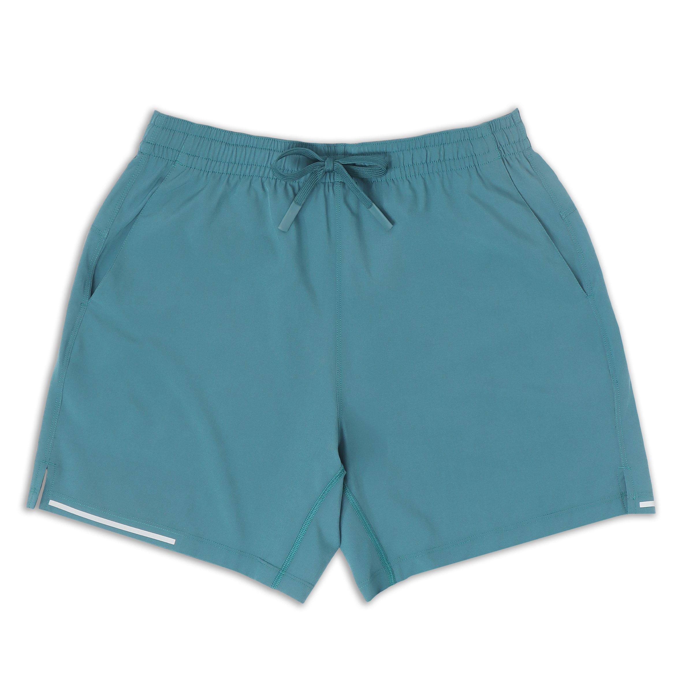 Run Short 5.5" Ocean blue front with elastic waistband, dyed-to-match drawstring with rubberized tips, two front pockets, split hem, and reflective line on bottom right hem
