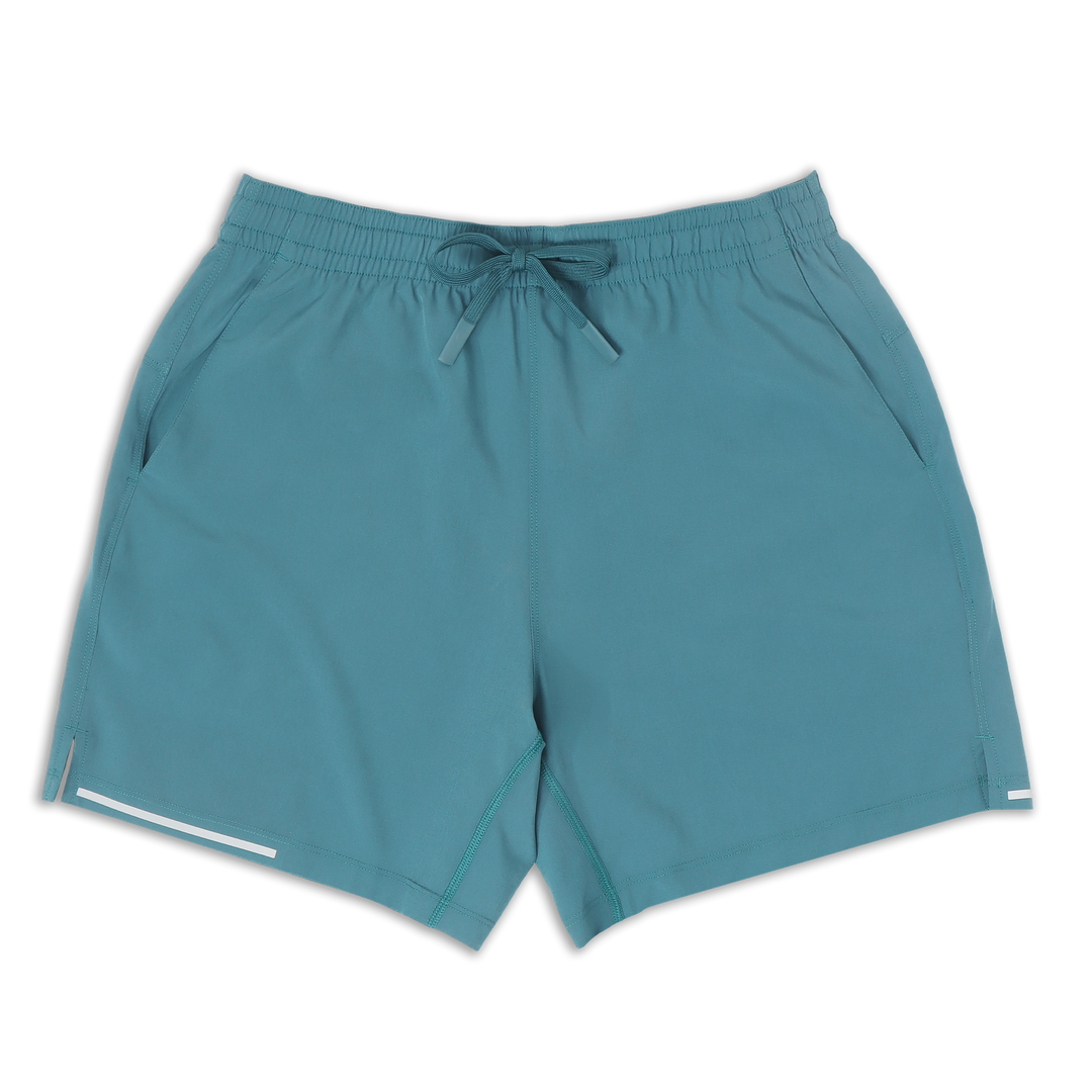Run Short 5.5" Ocean blue front with elastic waistband, dyed-to-match drawstring with rubberized tips, two front pockets, split hem, and reflective line on bottom right hem