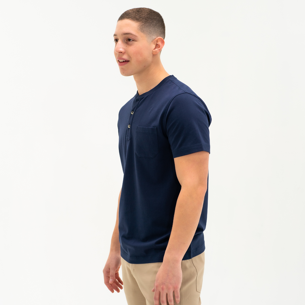 Short Sleeve Stretch Henley Navy side on model