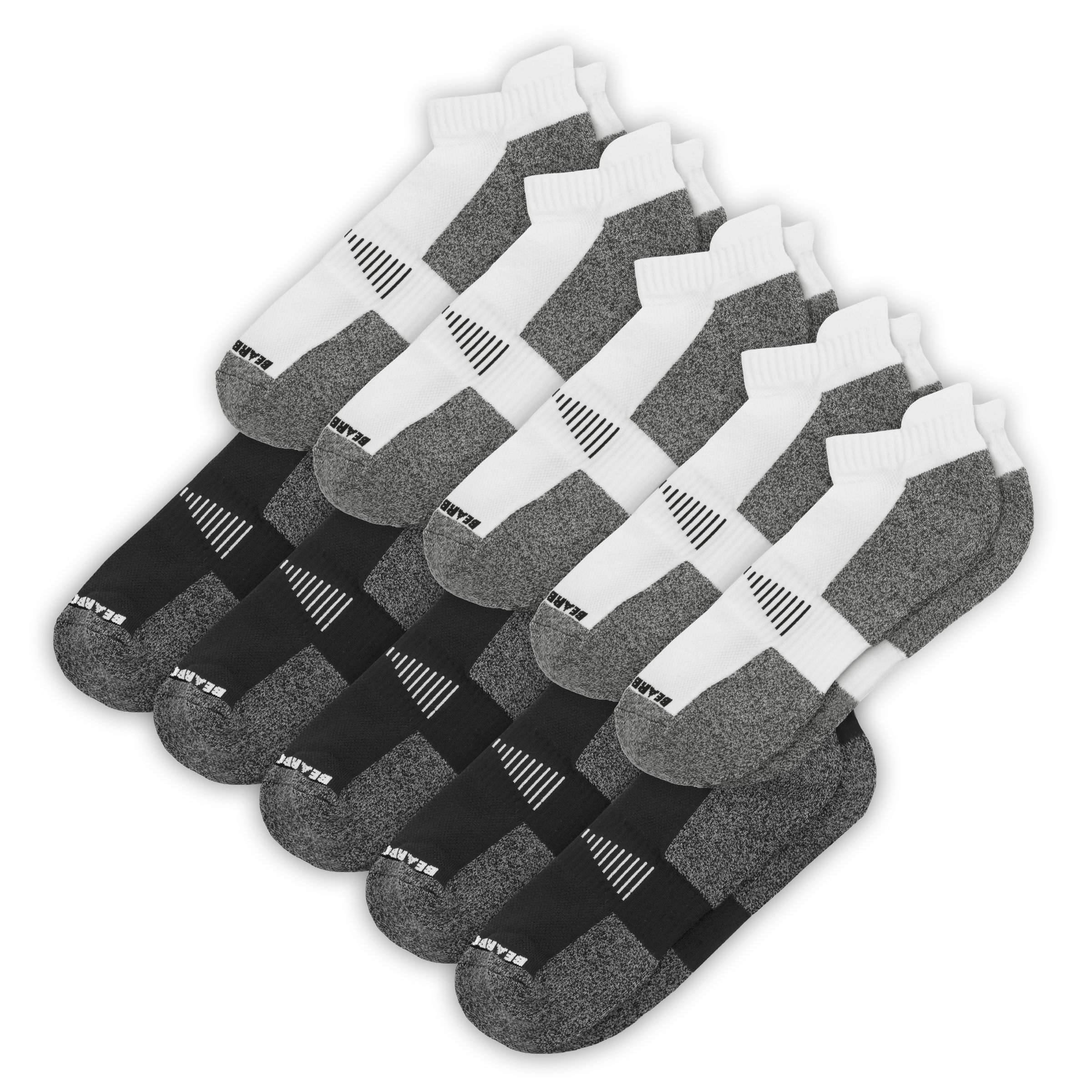 5 Pairs of Performance Ankle Socks White and 5 Pairs of Performance Ankle Socks Black with arch support and grey padding in heel